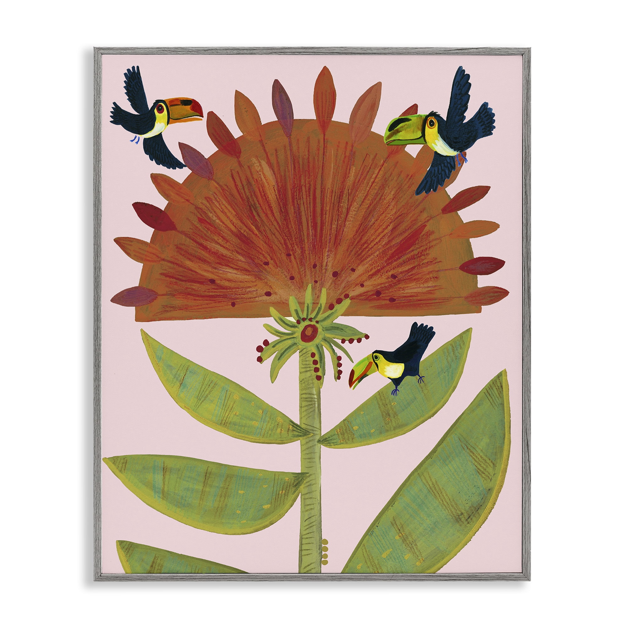 Stupell Industries Tropical Plant & Toucans Gray Framed Giclee Art, design by Kay Widdowson