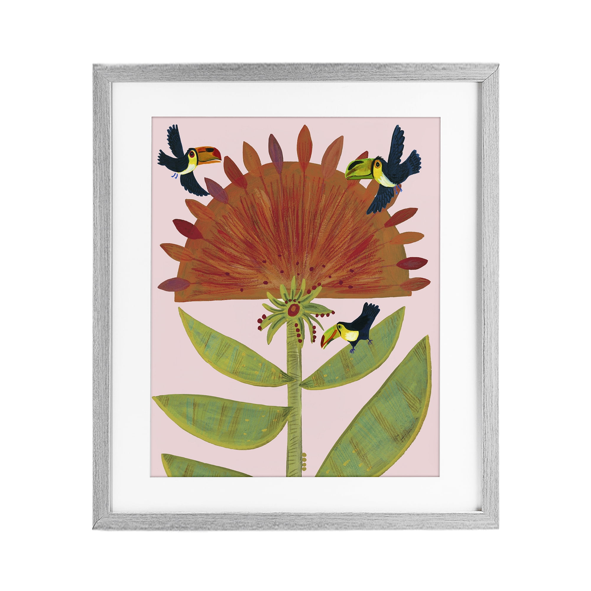 Stupell Industries Tropical Plant & Toucans Gray Framed Print Under Glass, design by Kay Widdowson