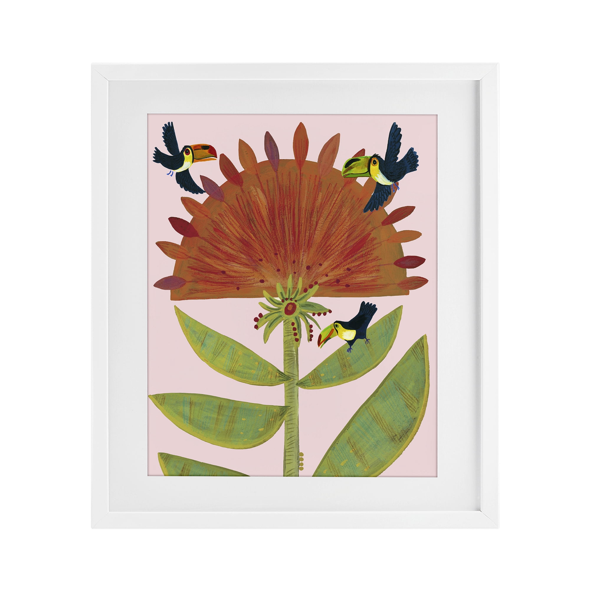 Stupell Industries Tropical Plant & Toucans White Framed Print Under Glass, design by Kay Widdowson