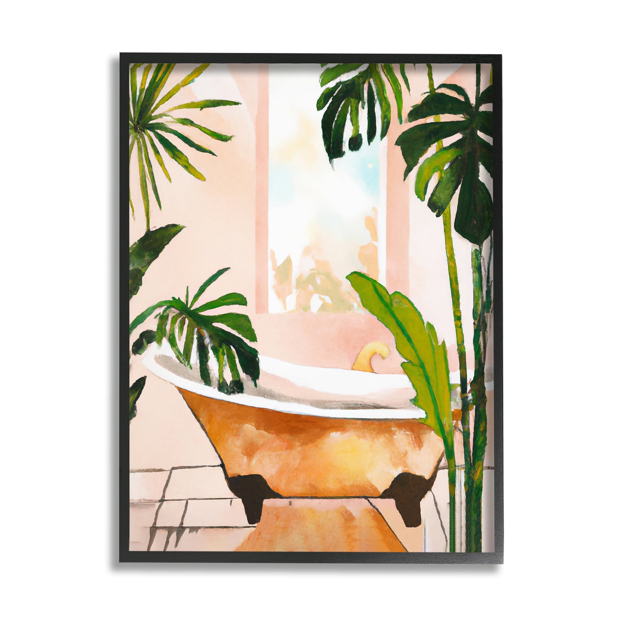 Stupell Industries Tropical Plants & Bathtub Botanical & Floral Painting Black Framed Art Print Wall Art, 11 x 14