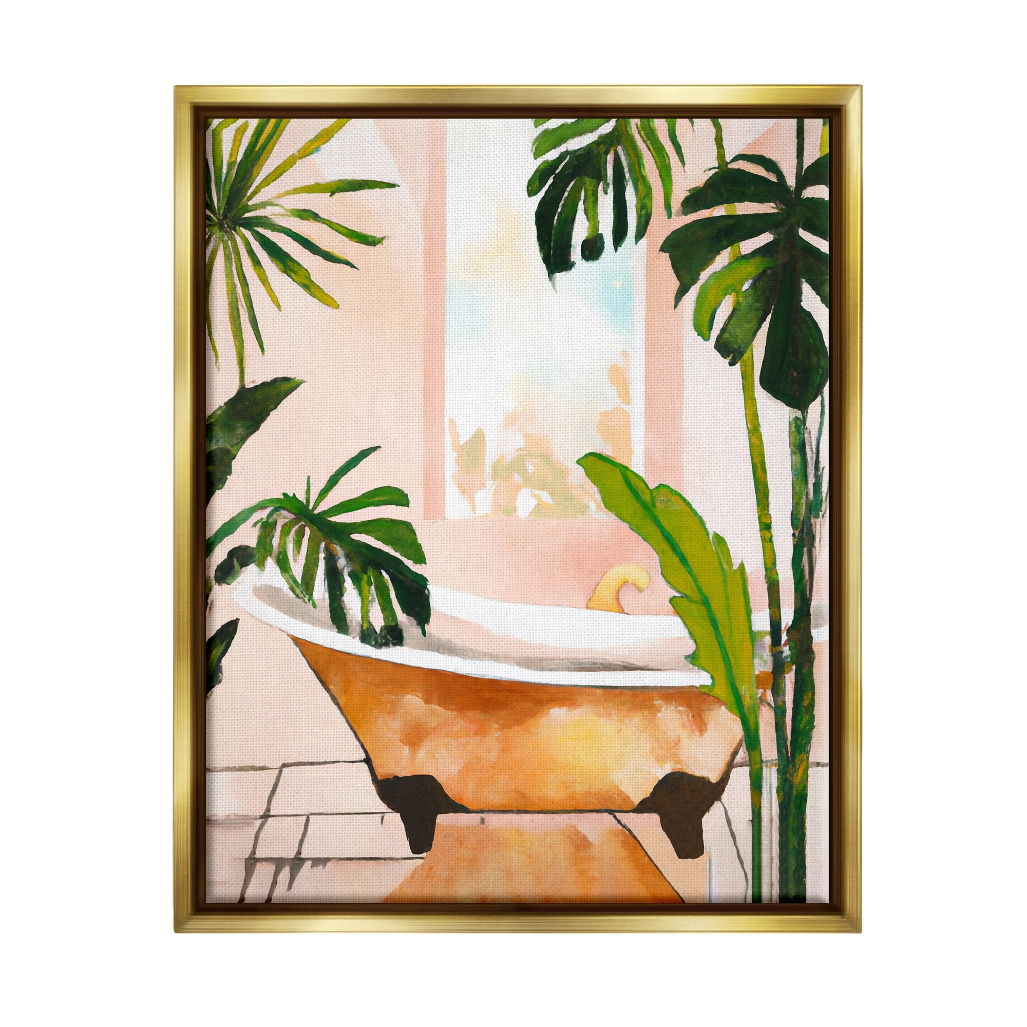 Stupell Industries Tropical Plants & Bathtub Botanical & Floral Painting Gold Floater Framed Canvas Art Print Wall Art, 25 x 31