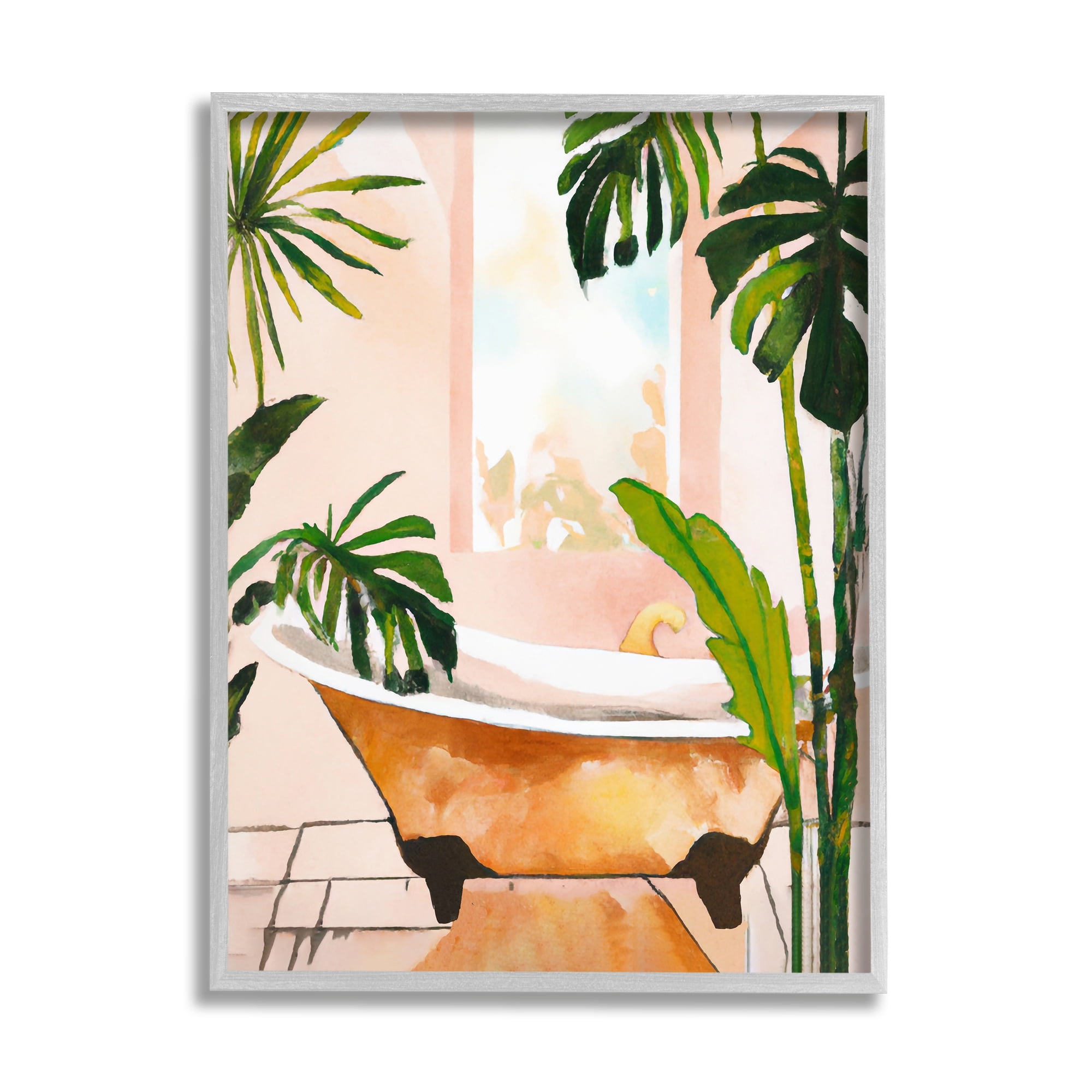 Stupell Industries Tropical Plants & Bathtub Botanical & Floral Painting Gray Framed Art Print Wall Art, 24 x 30
