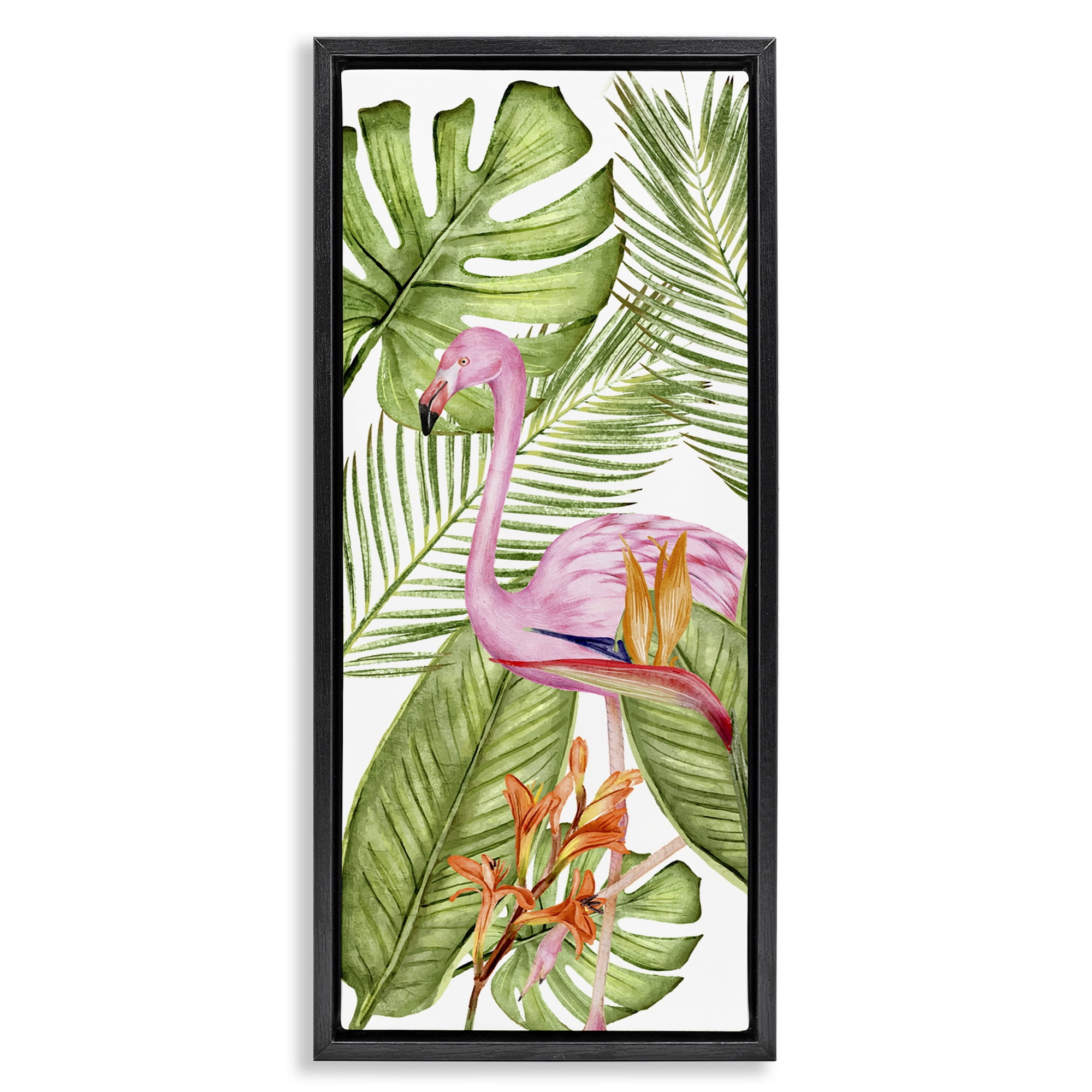 Stupell Industries Tropical Plants & Flamingo Animals & Insects Painting Black Floater Framed Canvas Art Print Wall Art, 11 x 25