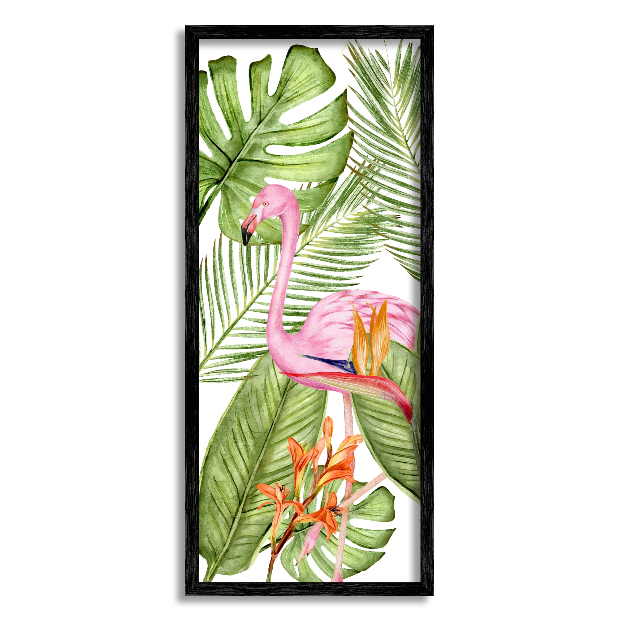Black Framed Tropical Plants and Flamingo Canvas Print, 13" x 30"