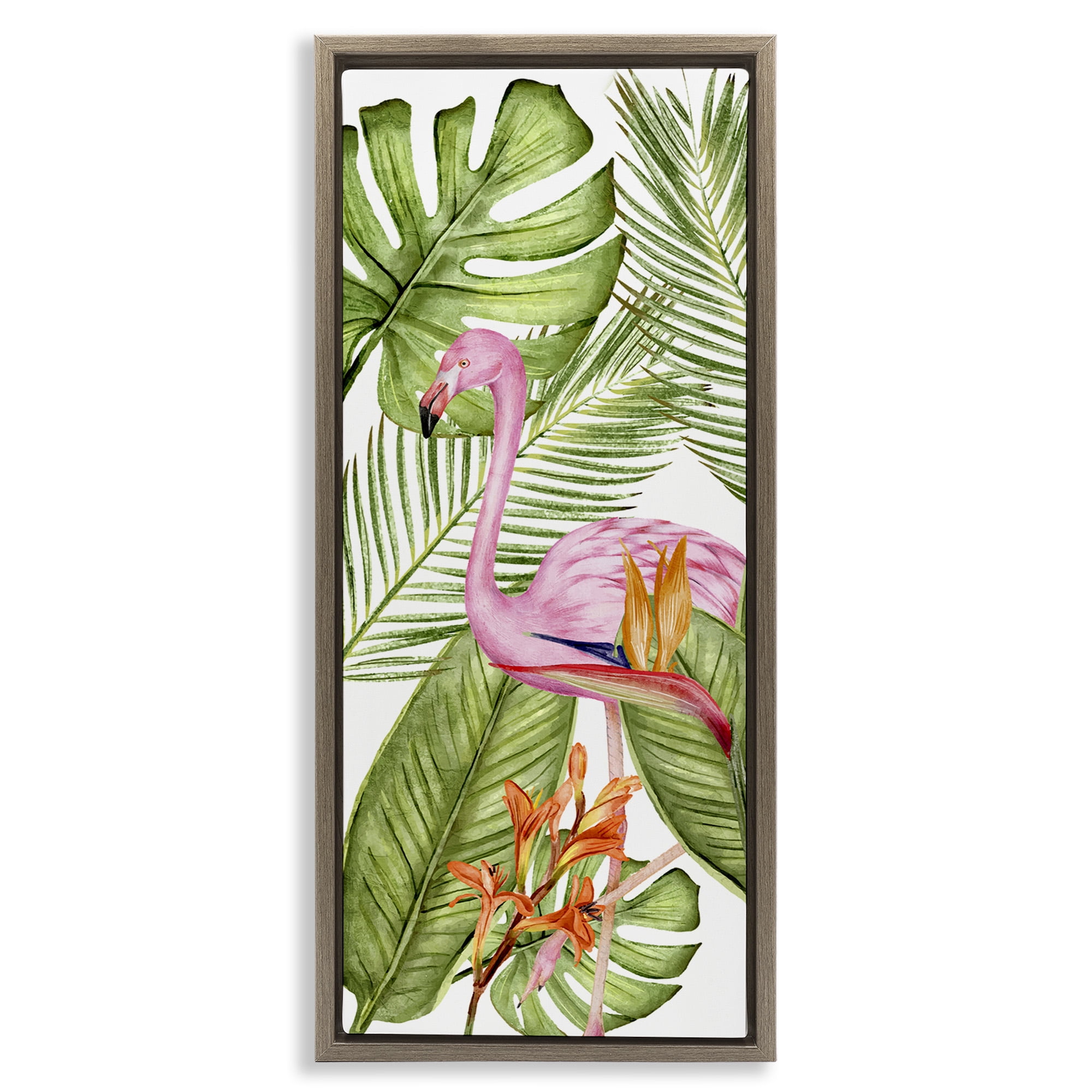Stupell Industries Tropical Plants & Flamingo Animals & Insects Painting Brown Floater Framed Canvas Art Print Wall Art, 15 x 31