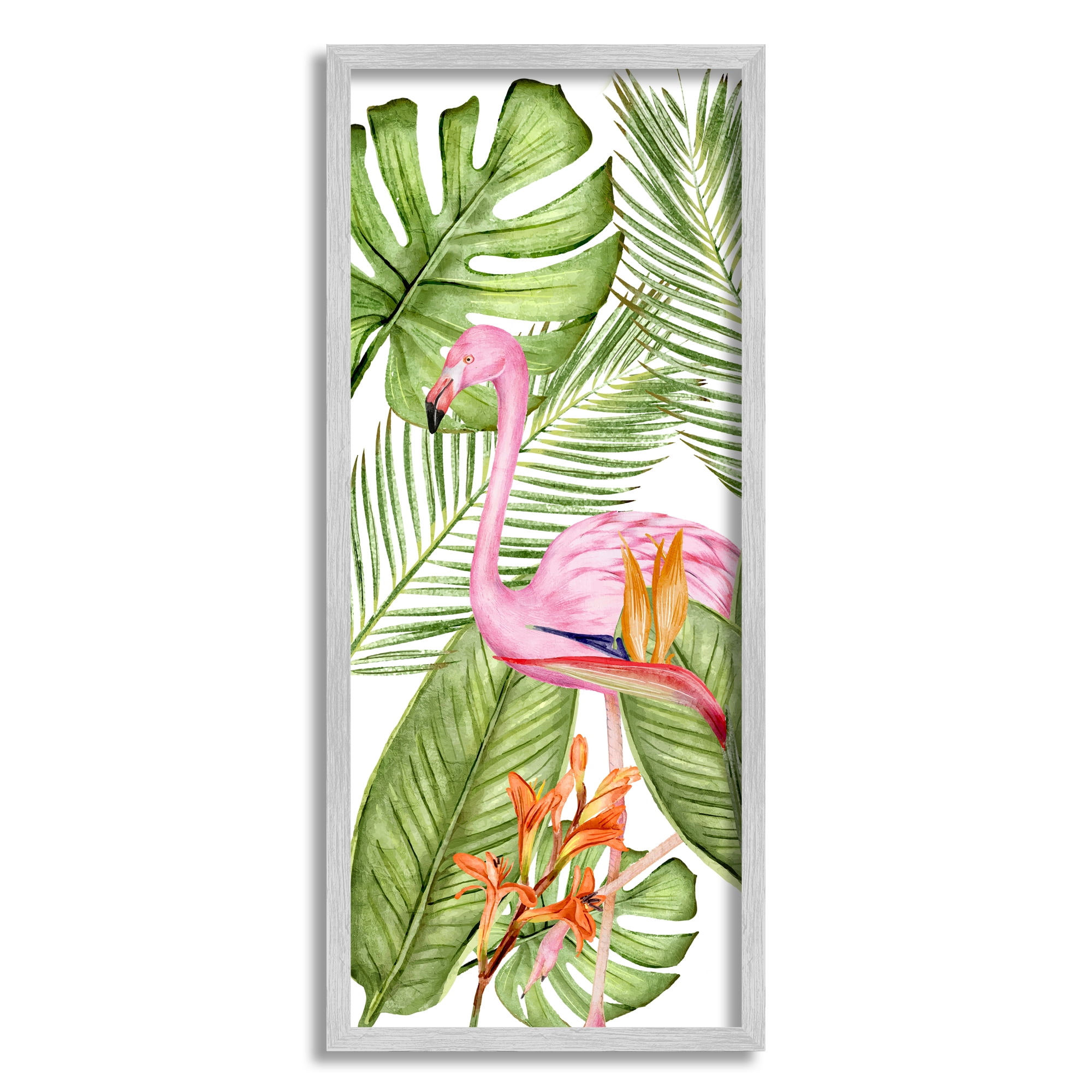 Tropical Flamingo and Plants Canvas Print in Gray Frame, 13" x 30"