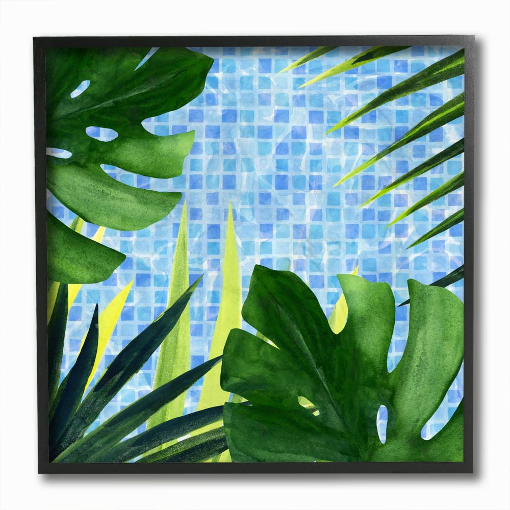 Tropical Greenery with Aqua Blue Tiles Framed Wall Art, 12" x 12", Black Wood Frame