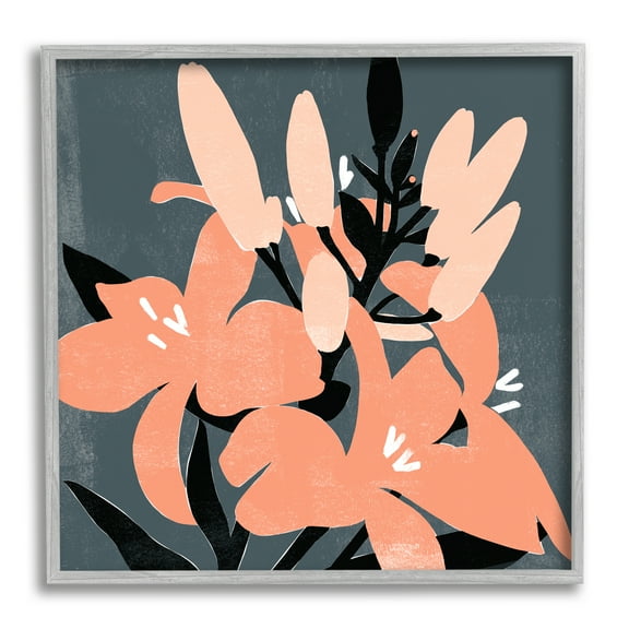 Stupell Industries Tropical Pop Pink Lilies Dark Neutral Floral Branches Botanical & Floral Painting Gray Framed Art Print Wall Art, 12 x 12