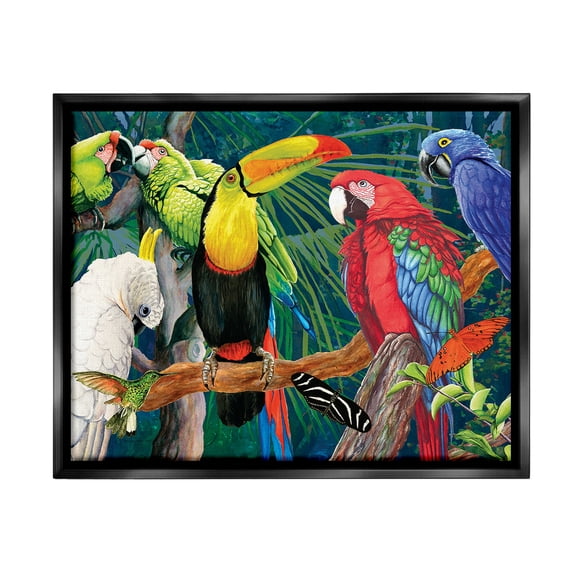 Stupell Industries Tropical Rainforest Birds Animals & Insects Painting Black Floater Framed Canvas Art Print Wall Art, 31 x 25