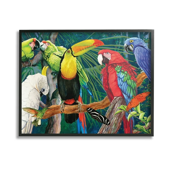 Stupell Industries Tropical Rainforest Birds Animals & Insects Painting Black Framed Art Print Wall Art, 14 x 11