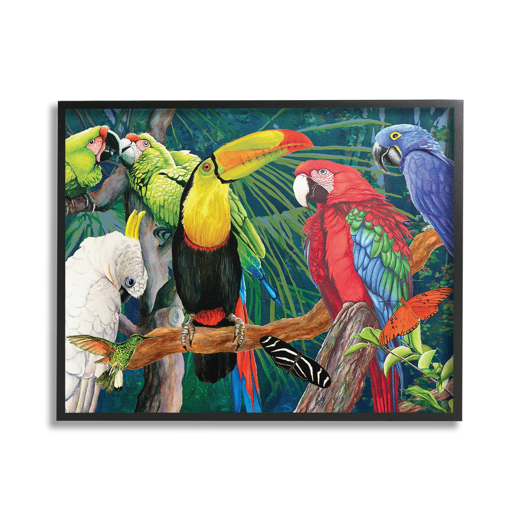 Stupell Industries Tropical Rainforest Birds Animals & Insects Painting Black Framed Art Print Wall Art, 20 x 16