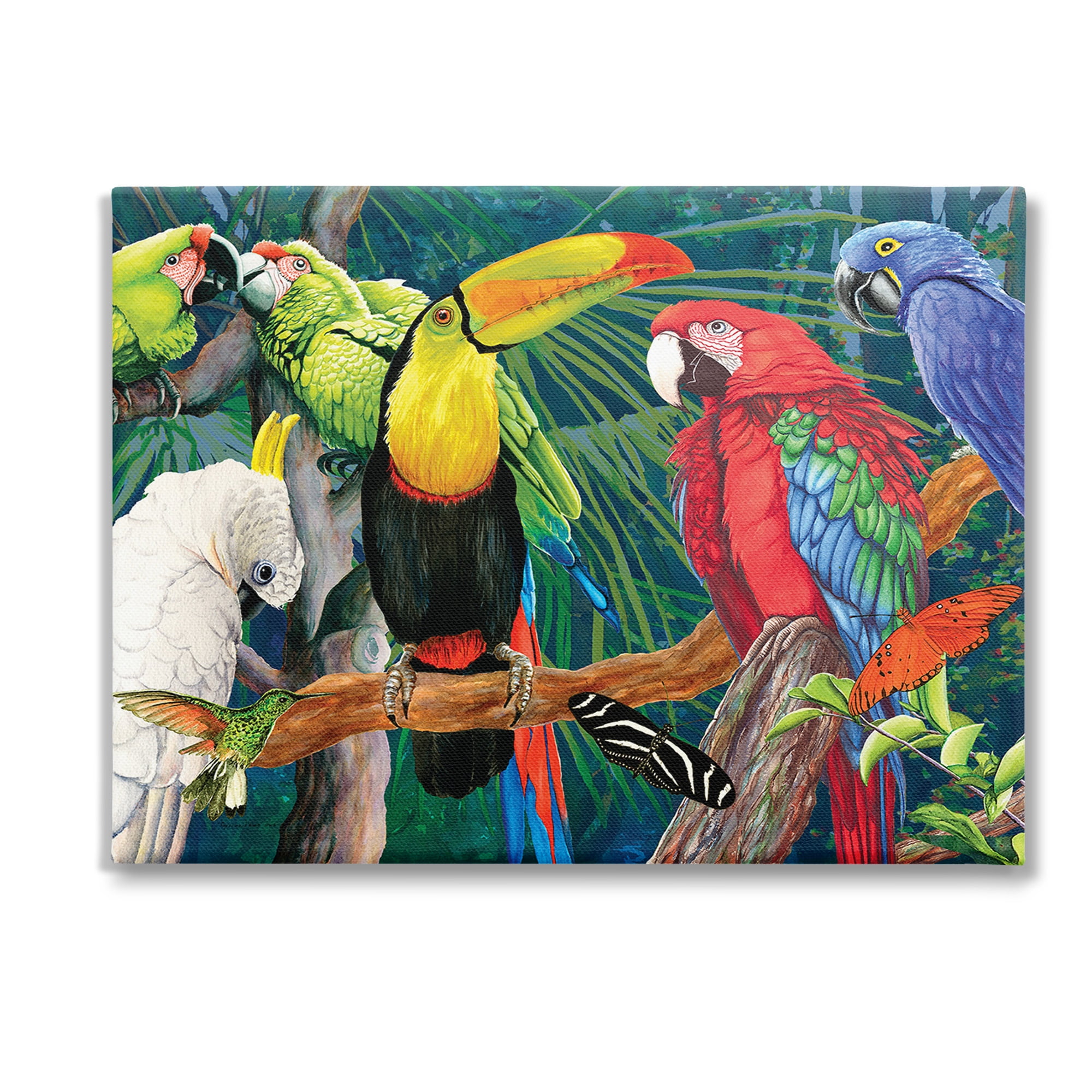 Stupell Industries Tropical Rainforest Birds Animals & Insects Painting Gallery Wrapped Canvas Art Print Wall Art, 40 x 30