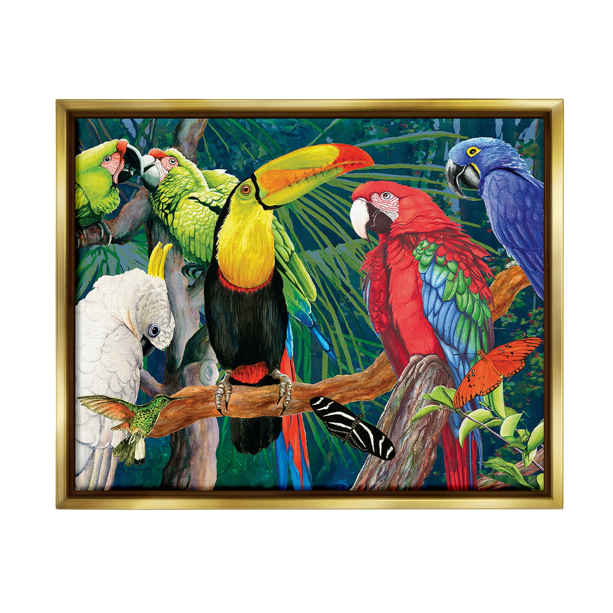 Stupell Industries Tropical Rainforest Birds Animals & Insects Painting Gold Floater Framed Canvas Art Print Wall Art, 31 x 25