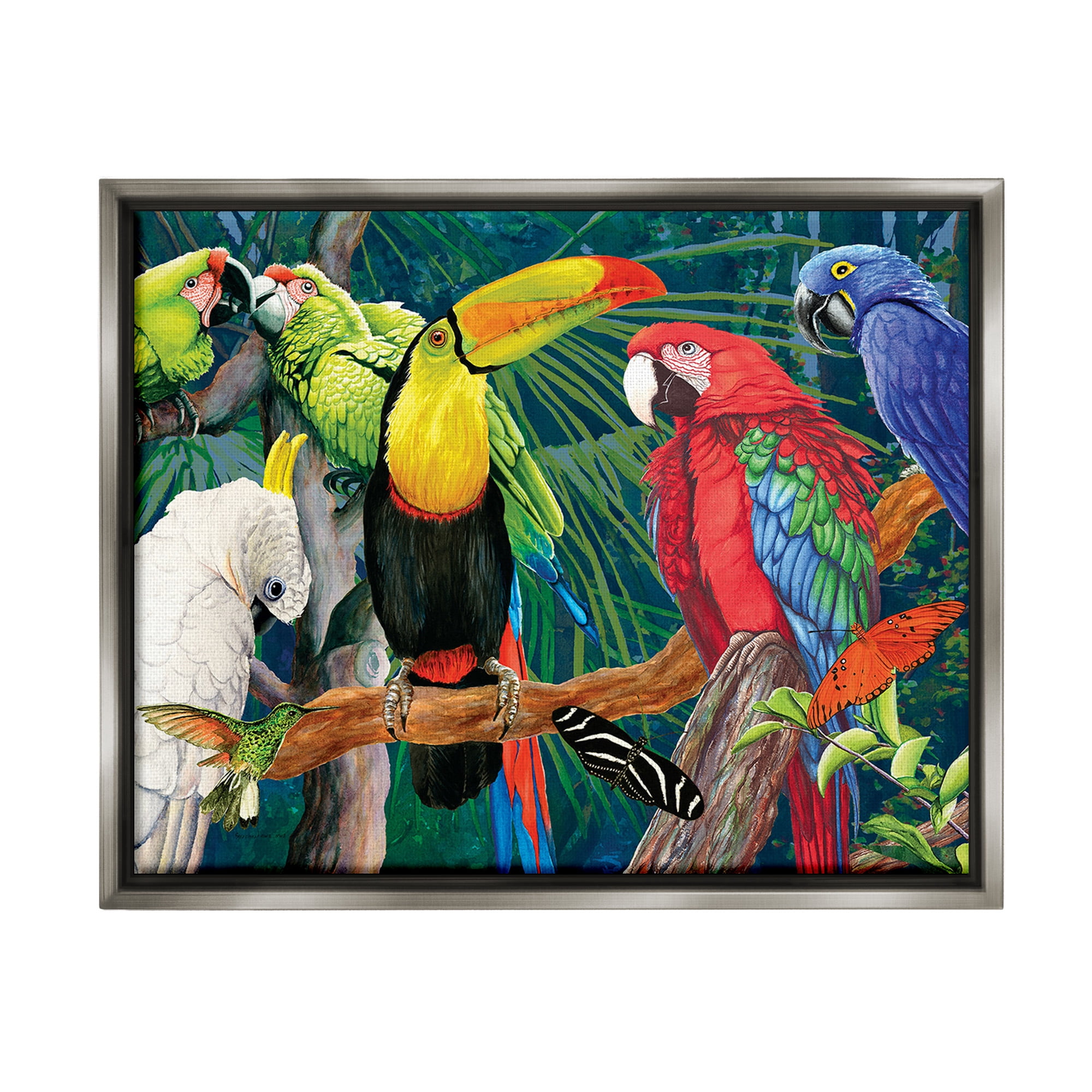 Stupell Industries Tropical Rainforest Birds Animals & Insects Painting Gray Floater Framed Canvas Art Print Wall Art, 31 x 25
