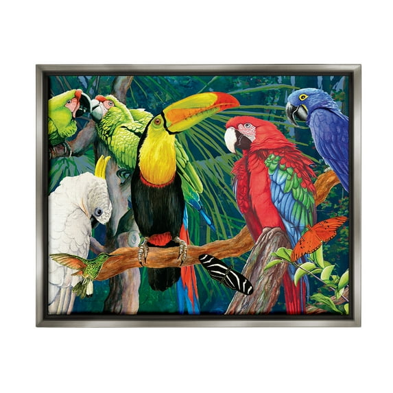Stupell Industries Tropical Rainforest Birds Animals & Insects Painting Gray Floater Framed Canvas Art Print Wall Art, 31 x 25