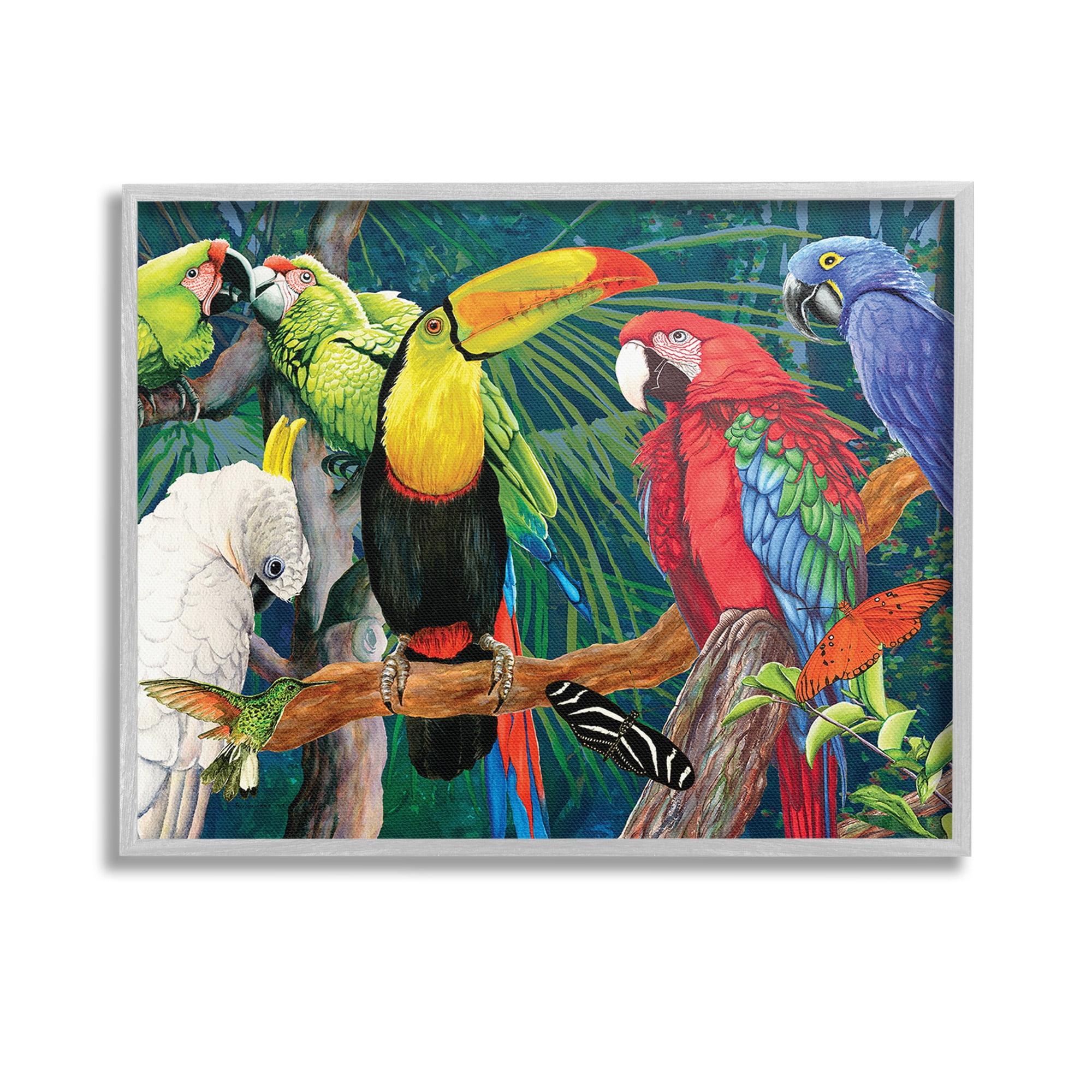 Stupell Industries Tropical Rainforest Birds Animals & Insects Painting Gray Framed Art Print Wall Art, 14 x 11