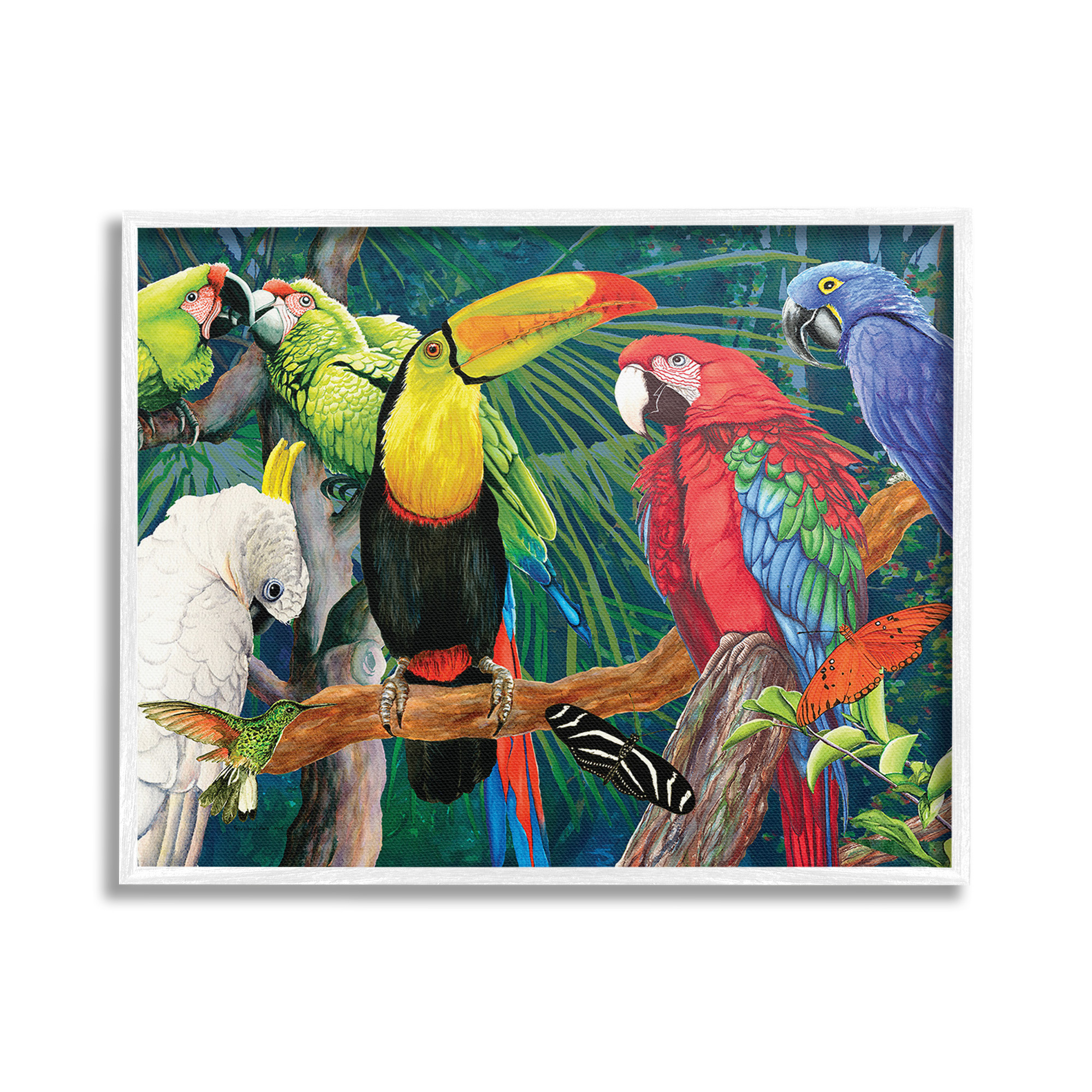 Stupell Industries Tropical Rainforest Birds Animals & Insects Painting White Framed Art Print Wall Art, 30 x 24