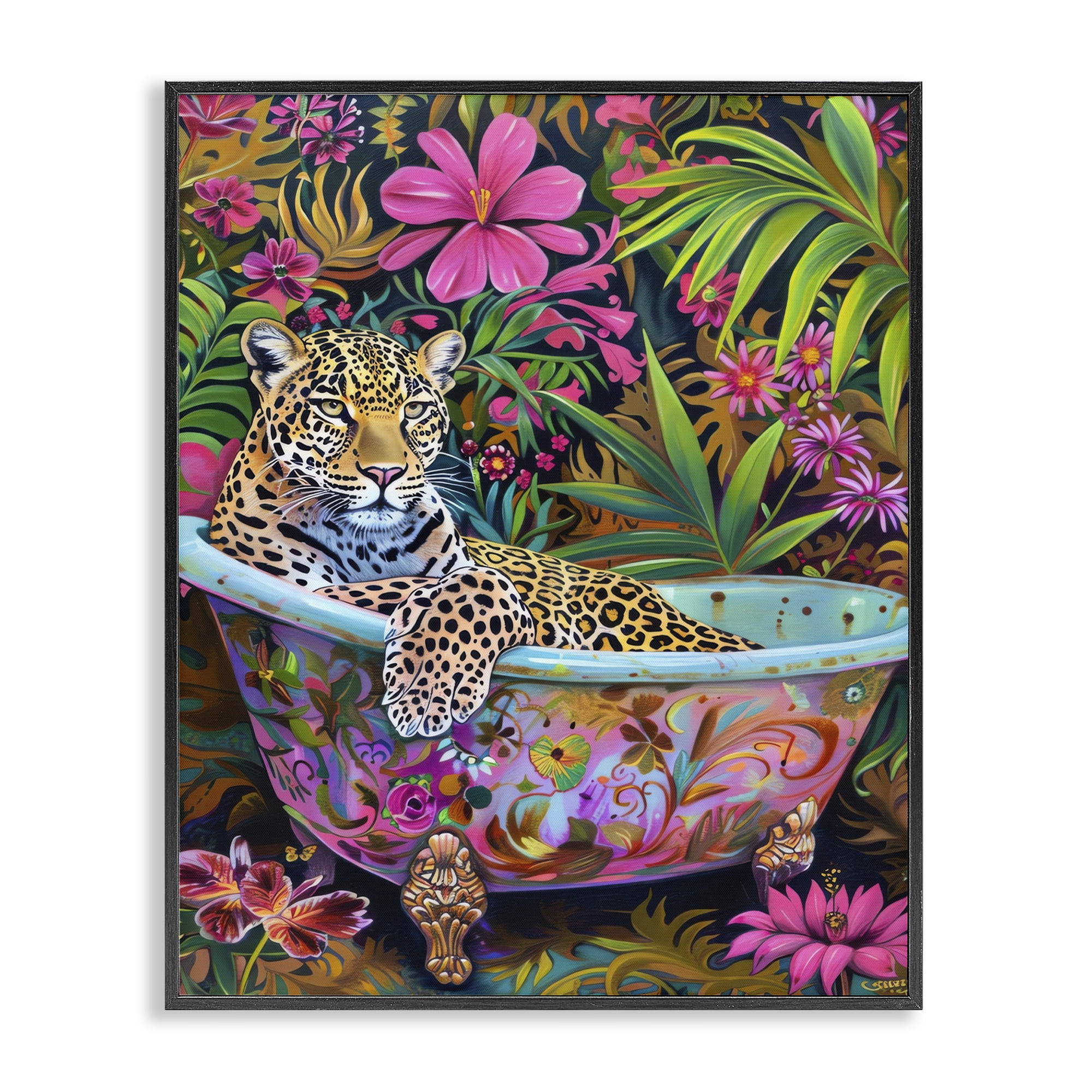 Stupell Industries Tropical Rainforest Leopard Tub Bath & Laundry Painting Black Framed Art Print Wall Art, 11 x 14