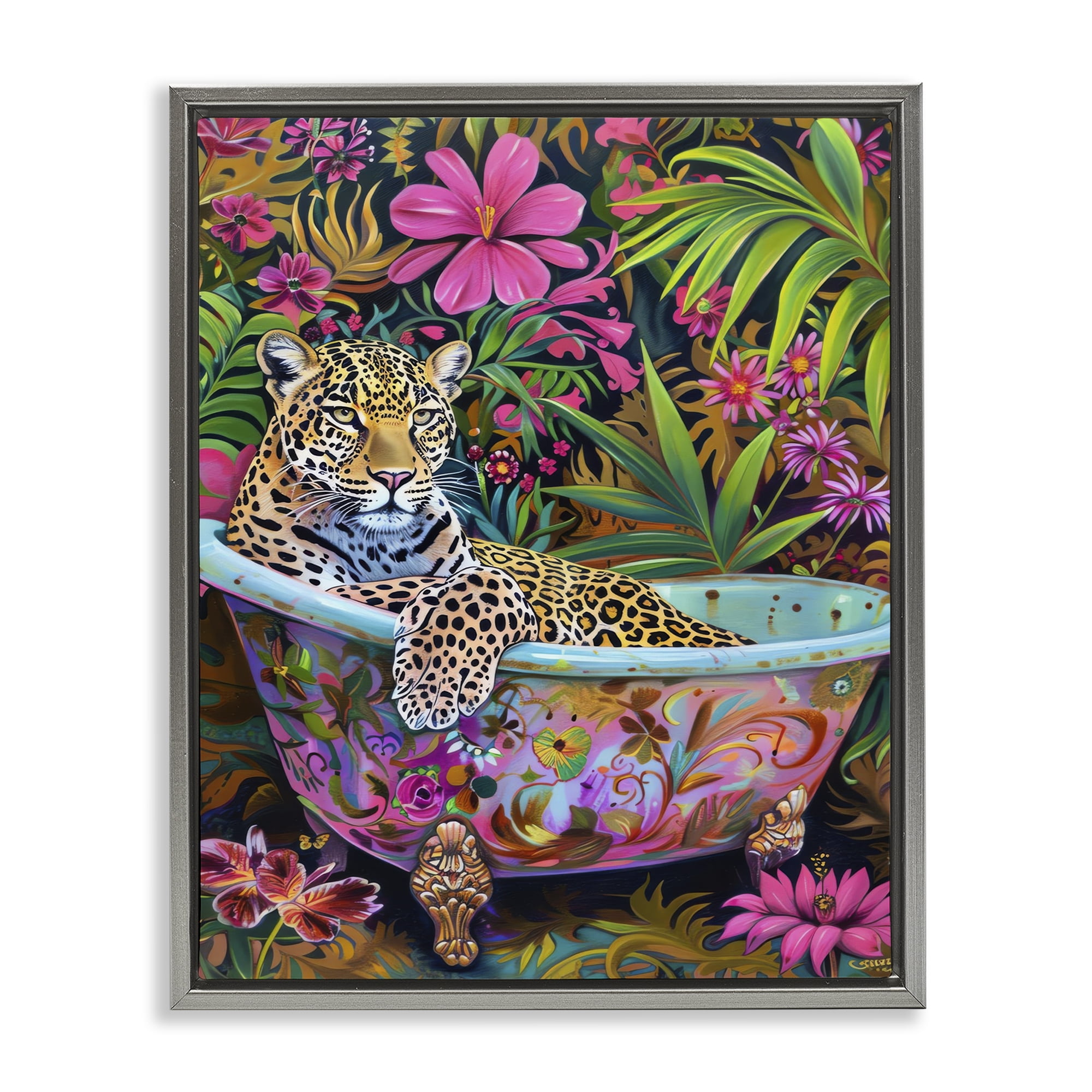 Stupell Industries Tropical Rainforest Leopard Tub Bath & Laundry Painting Gray Floater Framed Canvas Art Print Wall Art, 25 x 31