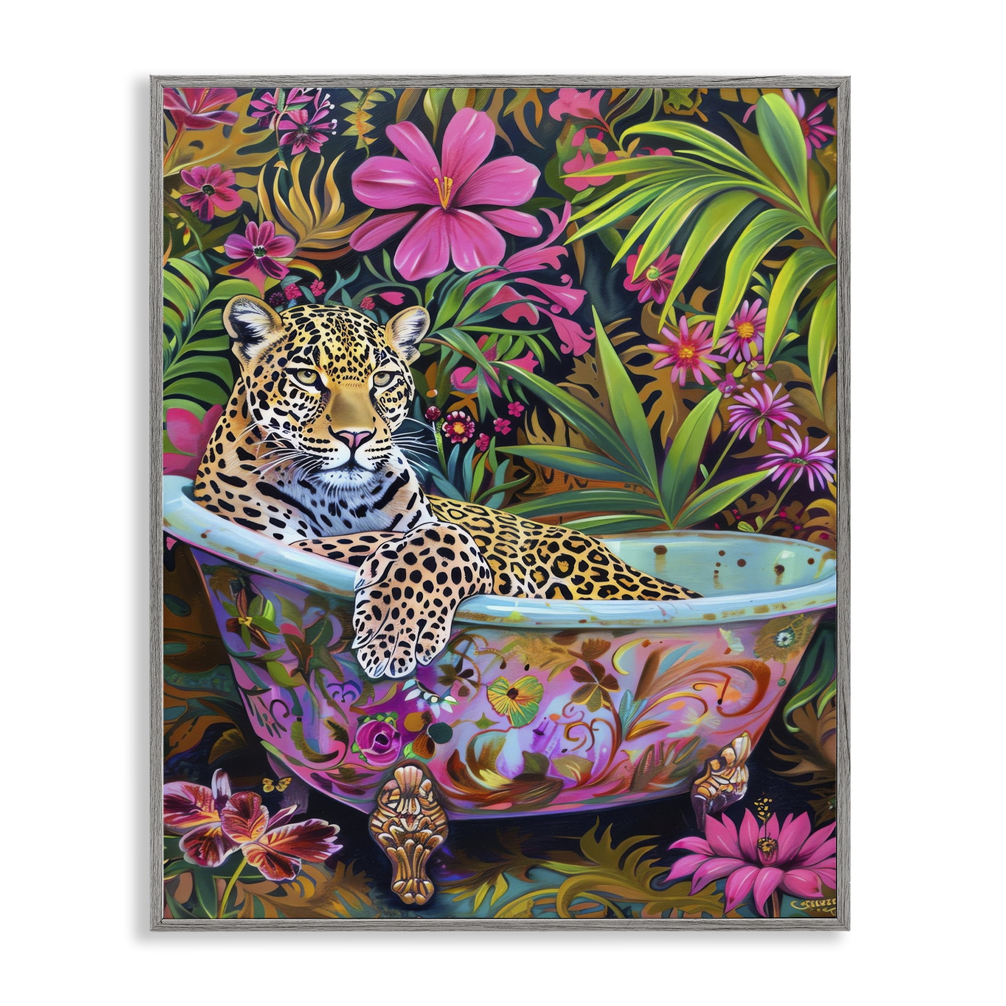 Stupell Industries Tropical Rainforest Leopard Tub Bath & Laundry Painting Gray Framed Art Print Wall Art, 11 x 14