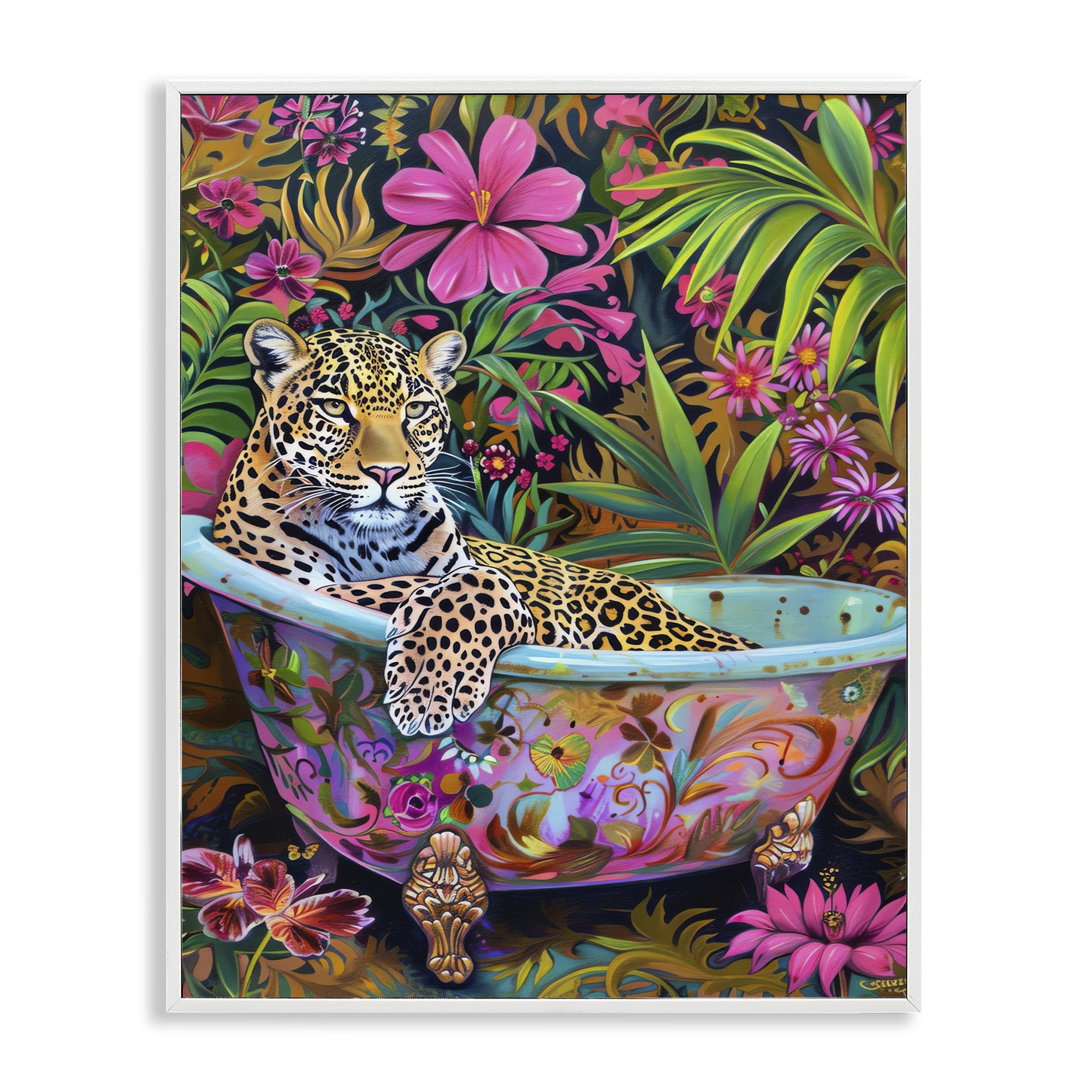 Stupell Industries Tropical Rainforest Leopard Tub Bath & Laundry Painting White Framed Art Print Wall Art, 24 x 30