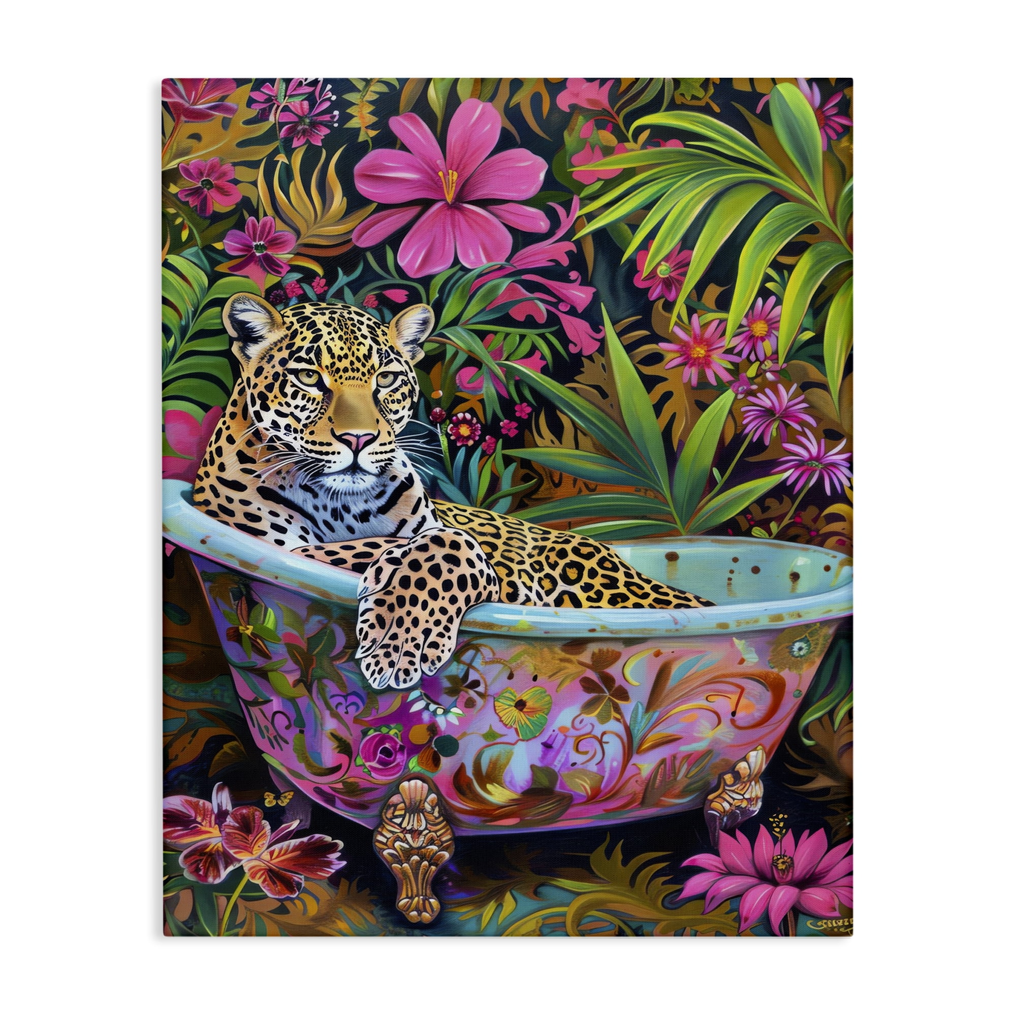 Stupell Industries Tropical Rainforest Leopard Tub Bath & Laundry Painting Wrapped Canvas Art Print Wall Art, 16 x 20