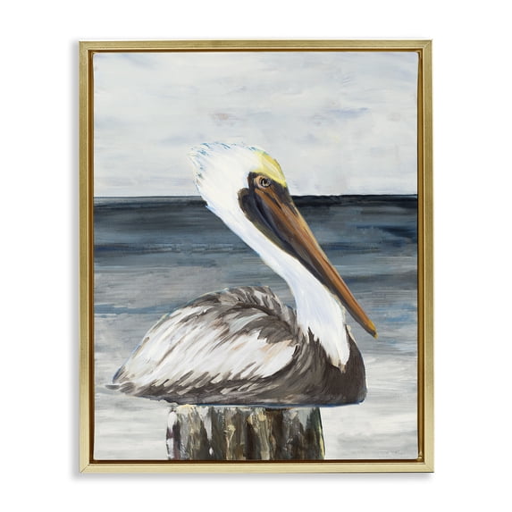 Stupell Industries Tropical Resting Beach Pelican Gold Floating Frame Canvas Art, 17 x 21, by Julie DeRice