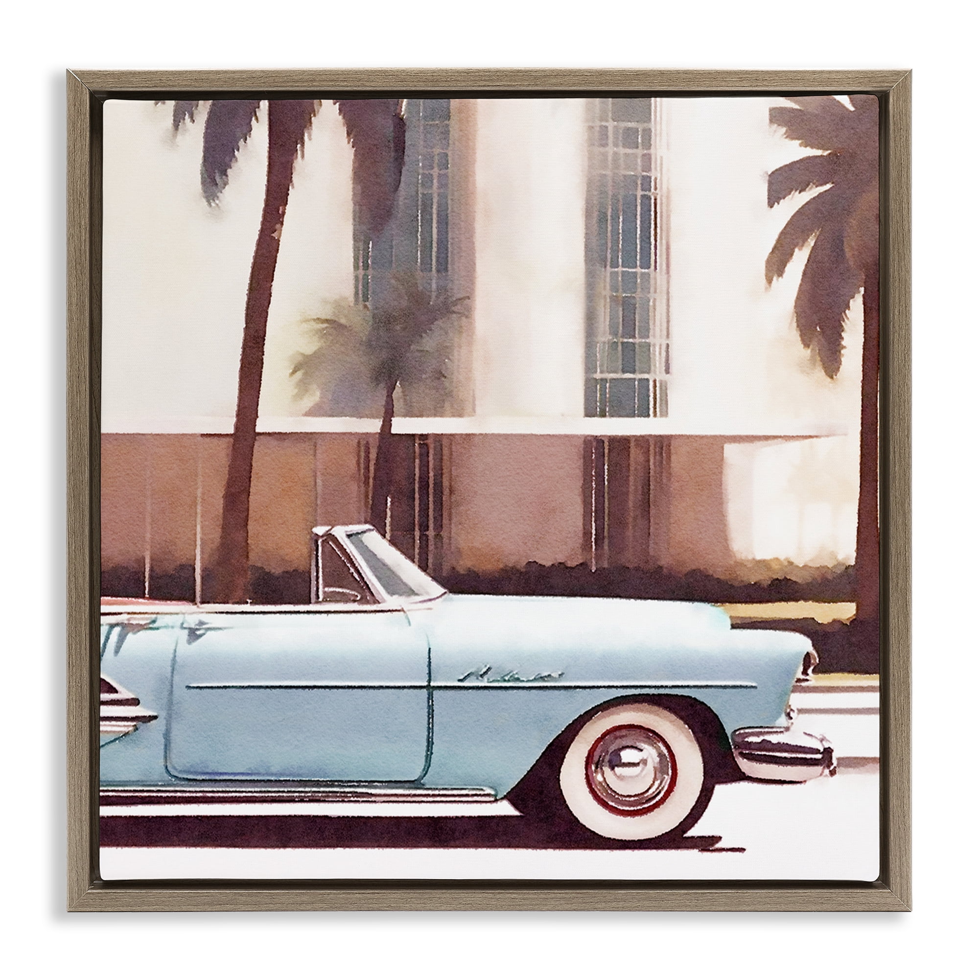 Stupell Industries Tropical Scene Classic Car Transportation Painting Brown Floater Framed Canvas Art Print Wall Art, 25 x 25