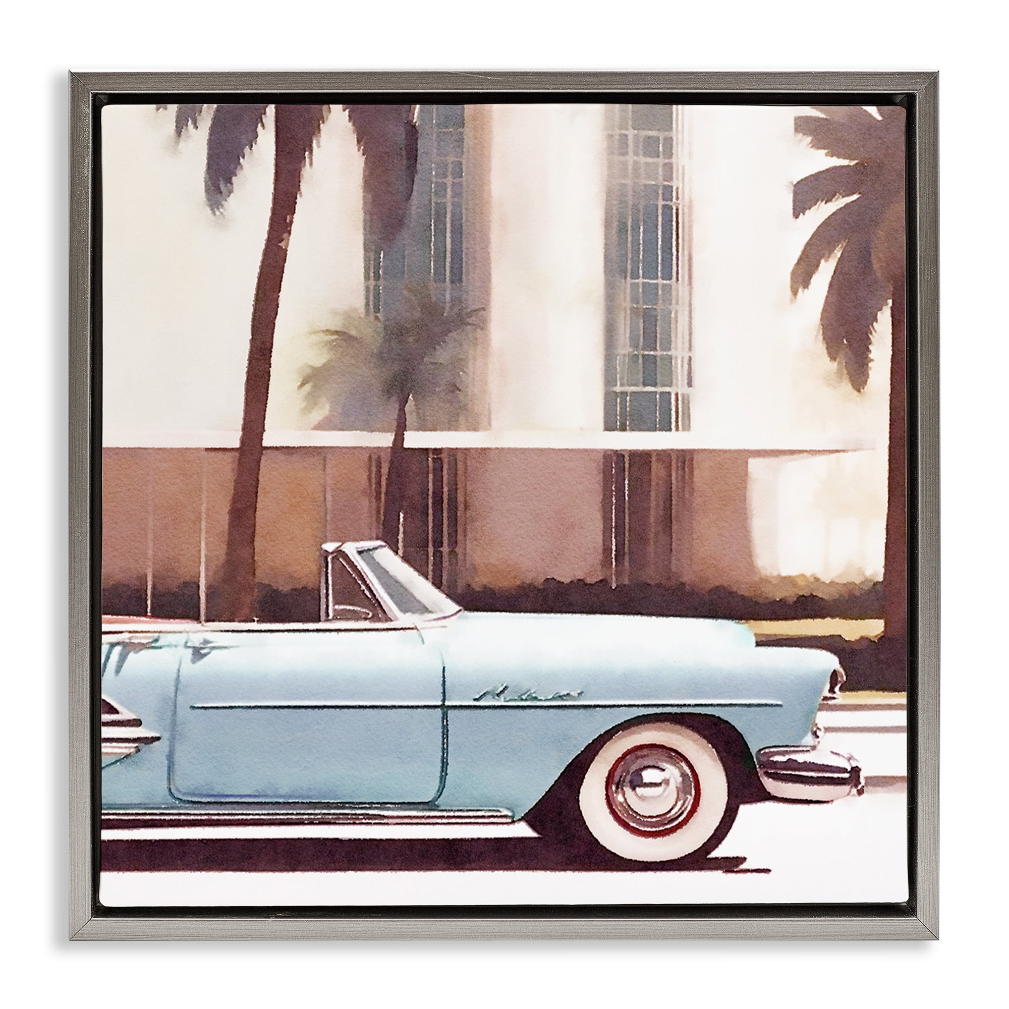 Stupell Industries Tropical Scene Classic Car Transportation Painting Gray Floater Framed Canvas Art Print Wall Art, 25 x 25