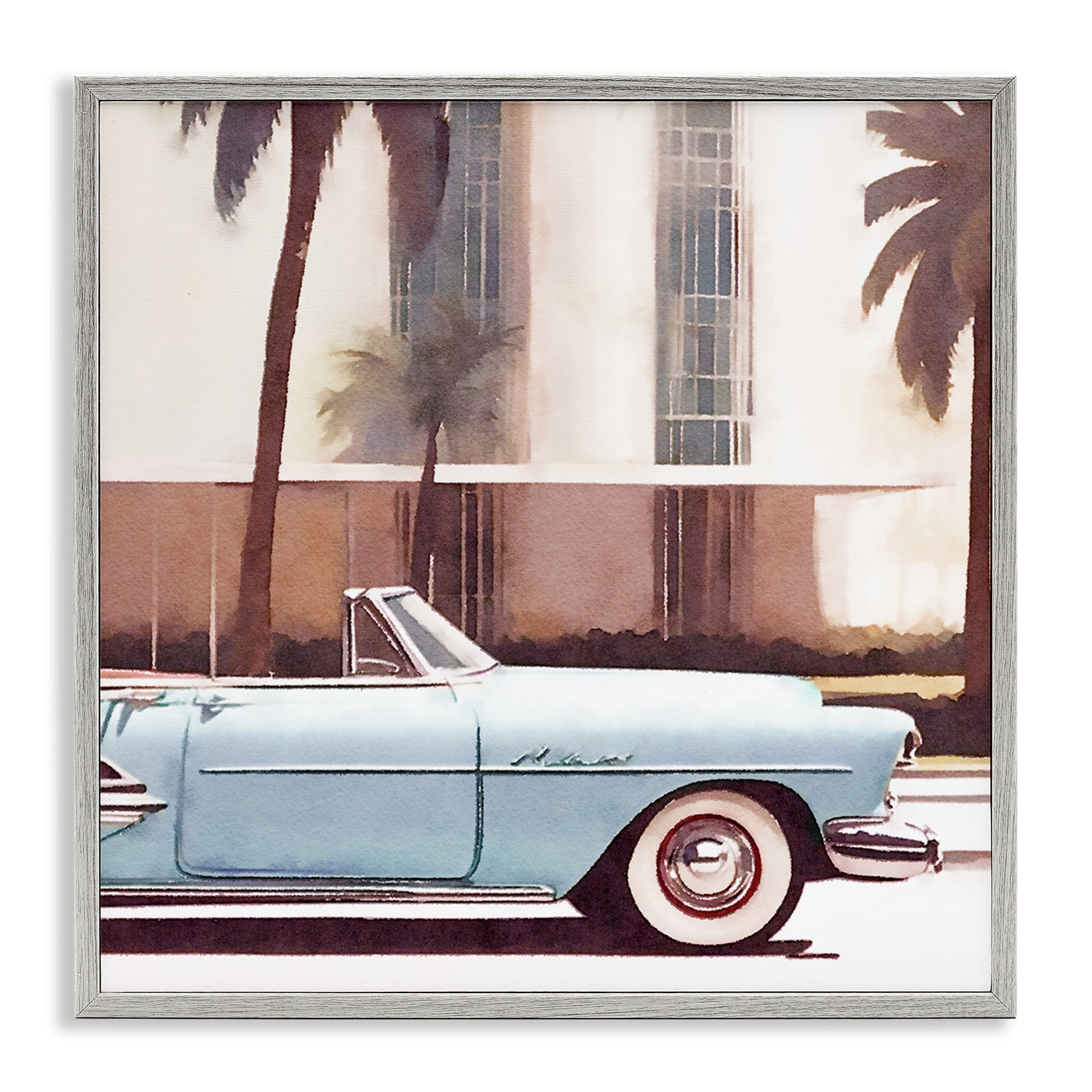 Stupell Industries Tropical Scene Classic Car Transportation Painting Gray Framed Art Print Wall Art, 17 x 17