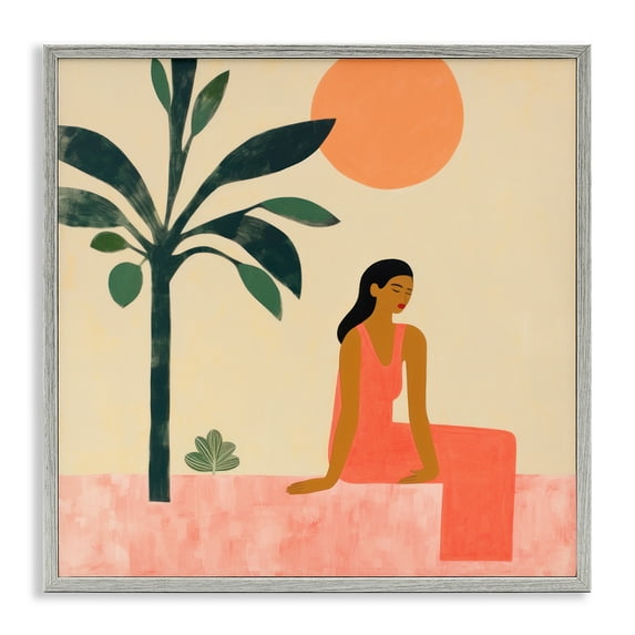 Stupell Industries Tropical Scene & Woman People Painting Gray Framed Art Print Wall Art, 17 x 17