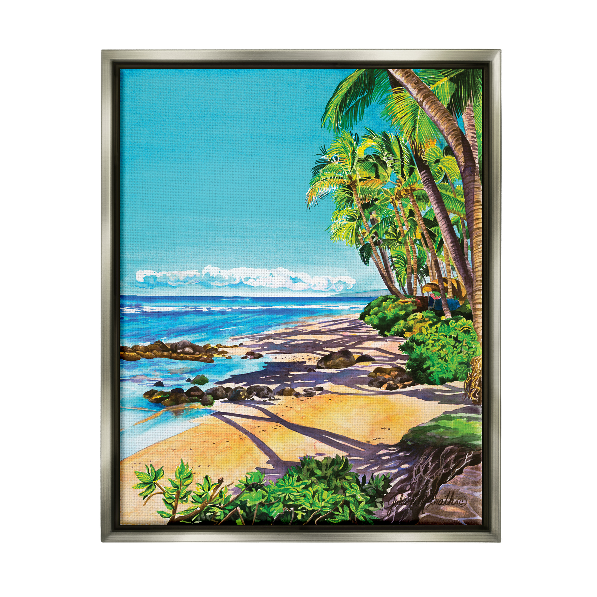 Stupell Industries Tropical Shore Landscape Nature Painting Gray Floater Framed Art Print Wall Art, 17 x 21