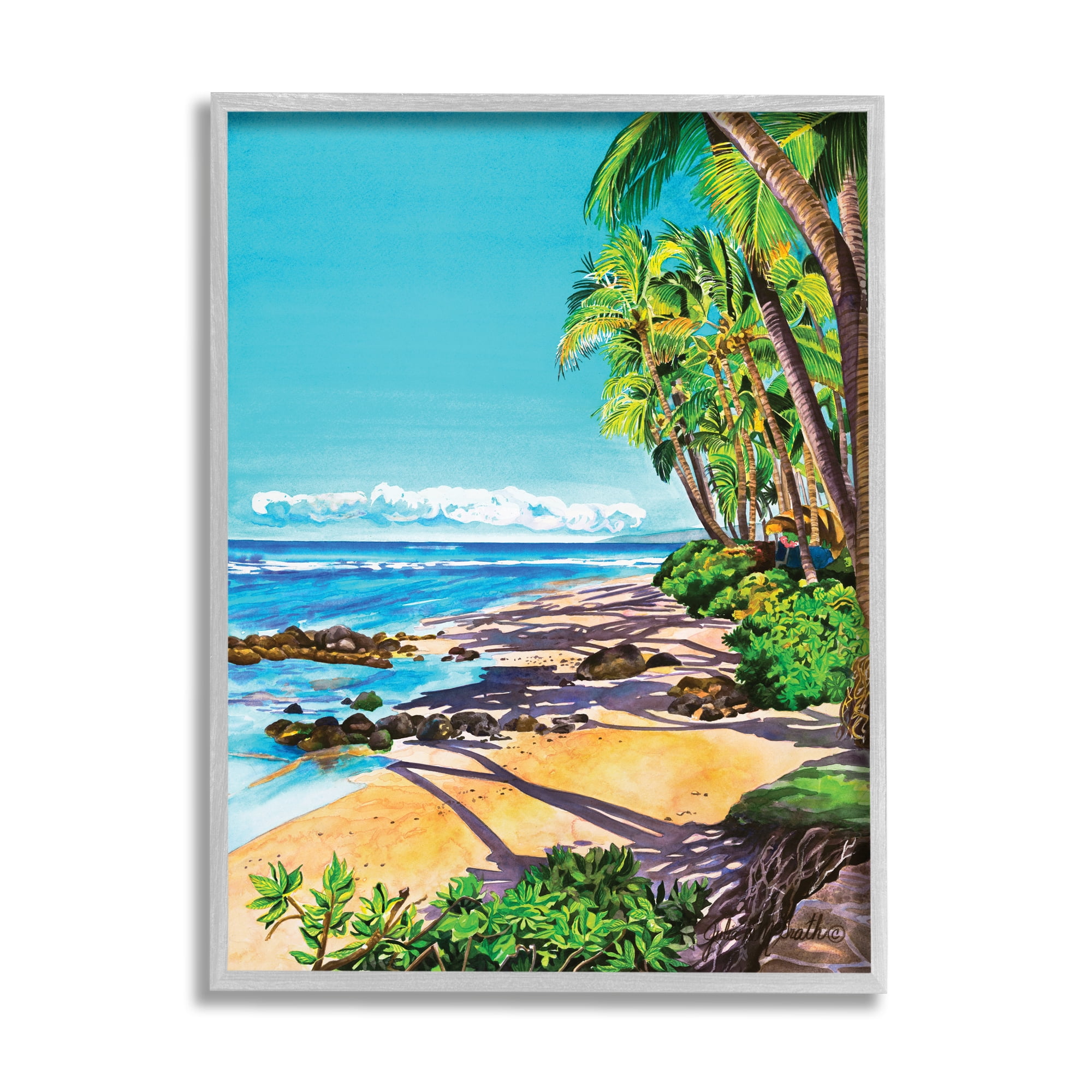 Stupell Industries Tropical Shore Landscape Nature Painting Gray Framed Art Print Wall Art, 24 x 30