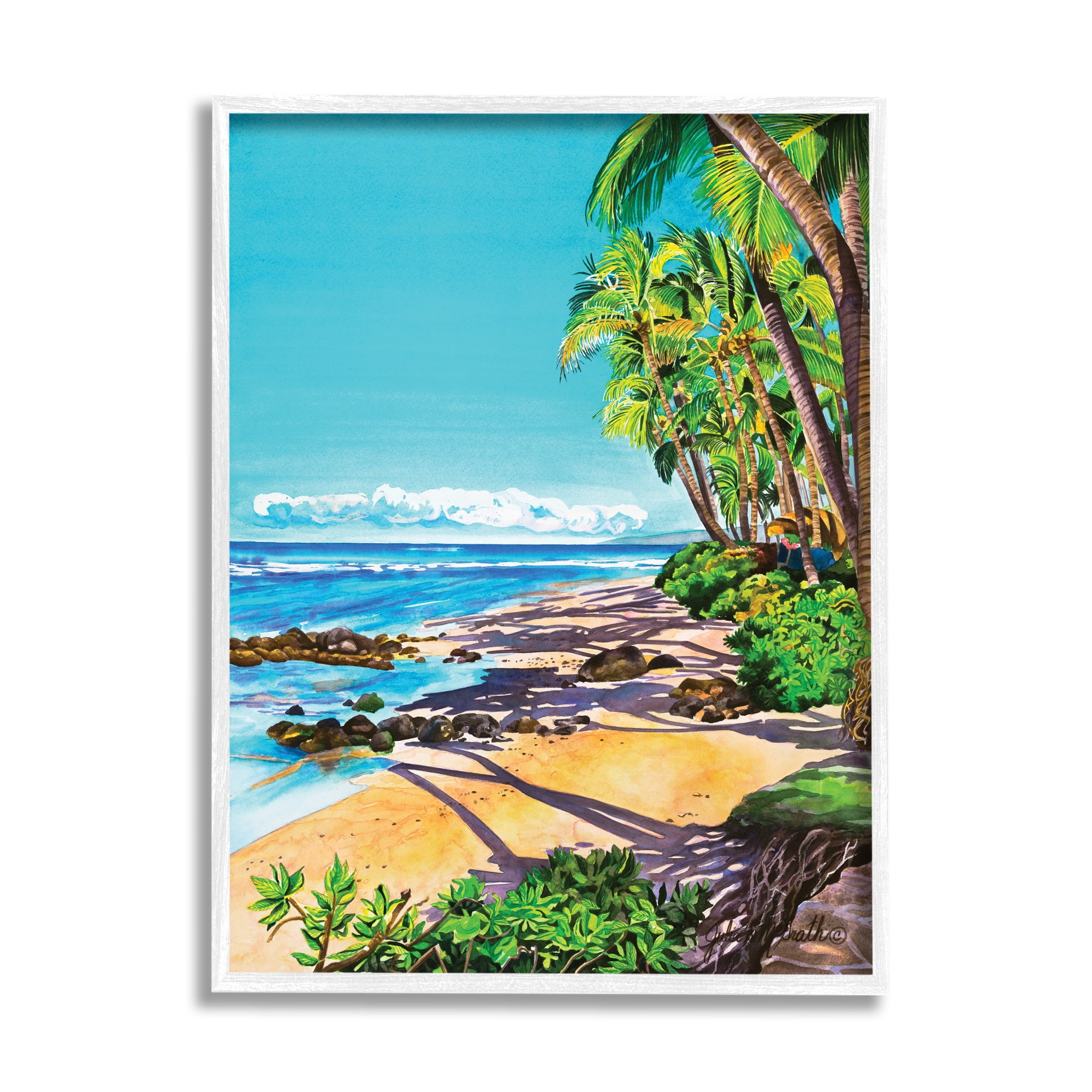 Stupell Industries Tropical Shore Landscape Nature Painting White Framed Art Print Wall Art, 24 x 30