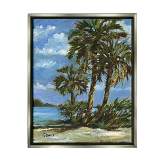 Stupell Industries Tropical Shoreline View Nature Painting Gray Floater Framed Art Print Wall Art, 25 x 31
