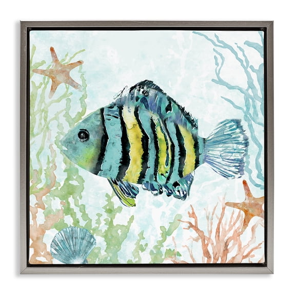 Stupell Industries Tropical Striped Fish Underwater Gray Floating Frame Canvas Art, 25 x 25, by Carol Robinson