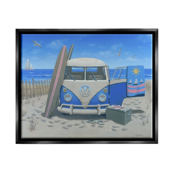 Stupell Industries Tropical Summer Beach Van Coastal Painting Black Floater Framed Art Print Wall Art
