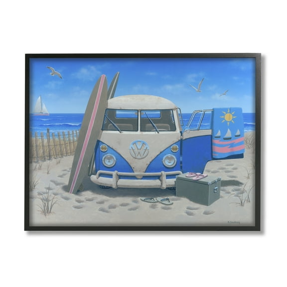 Stupell Industries Tropical Summer Beach Van Coastal Painting Black Framed Art Print Wall Art