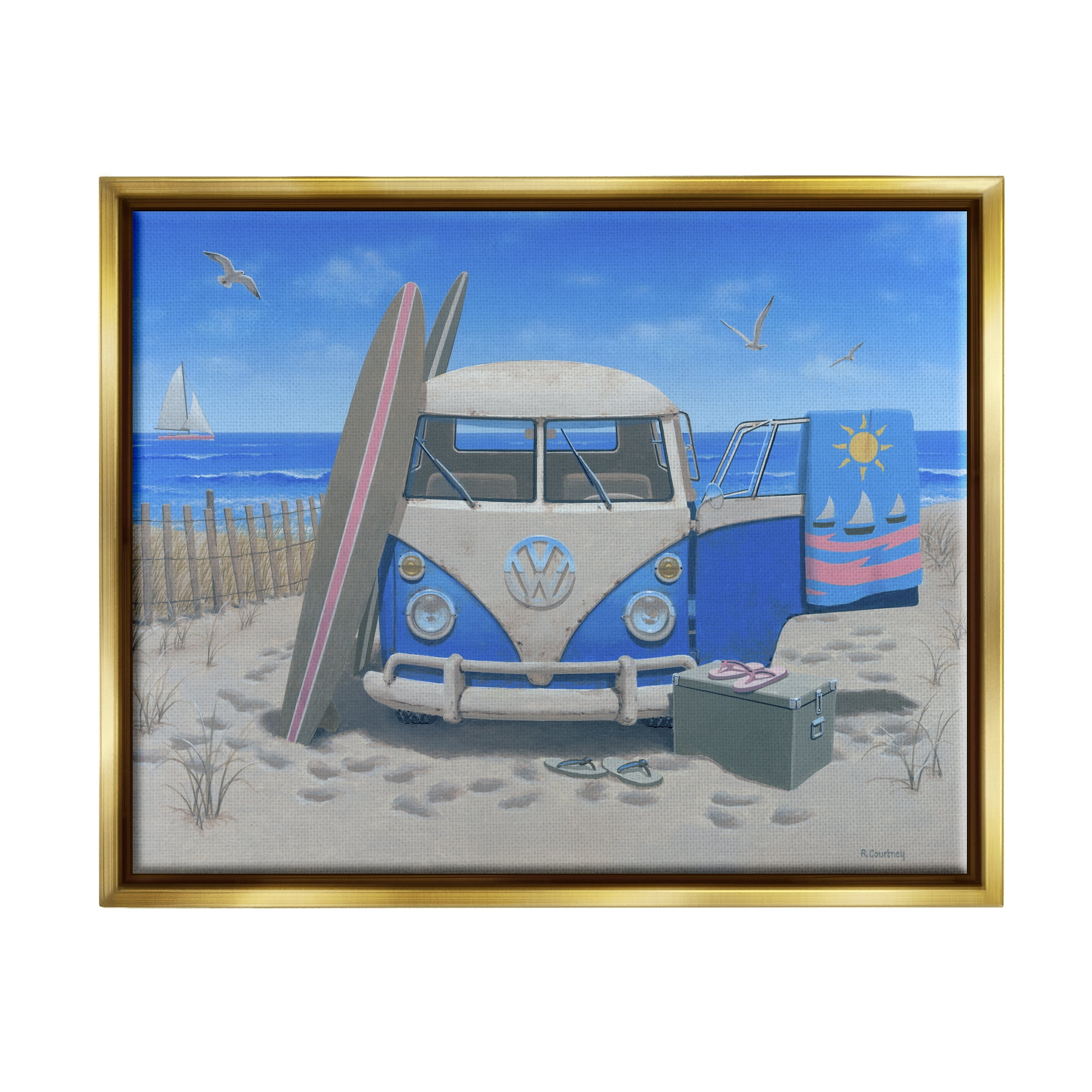Stupell Industries Tropical Summer Beach Van Coastal Painting Gold Floater Framed Art Print Wall Art