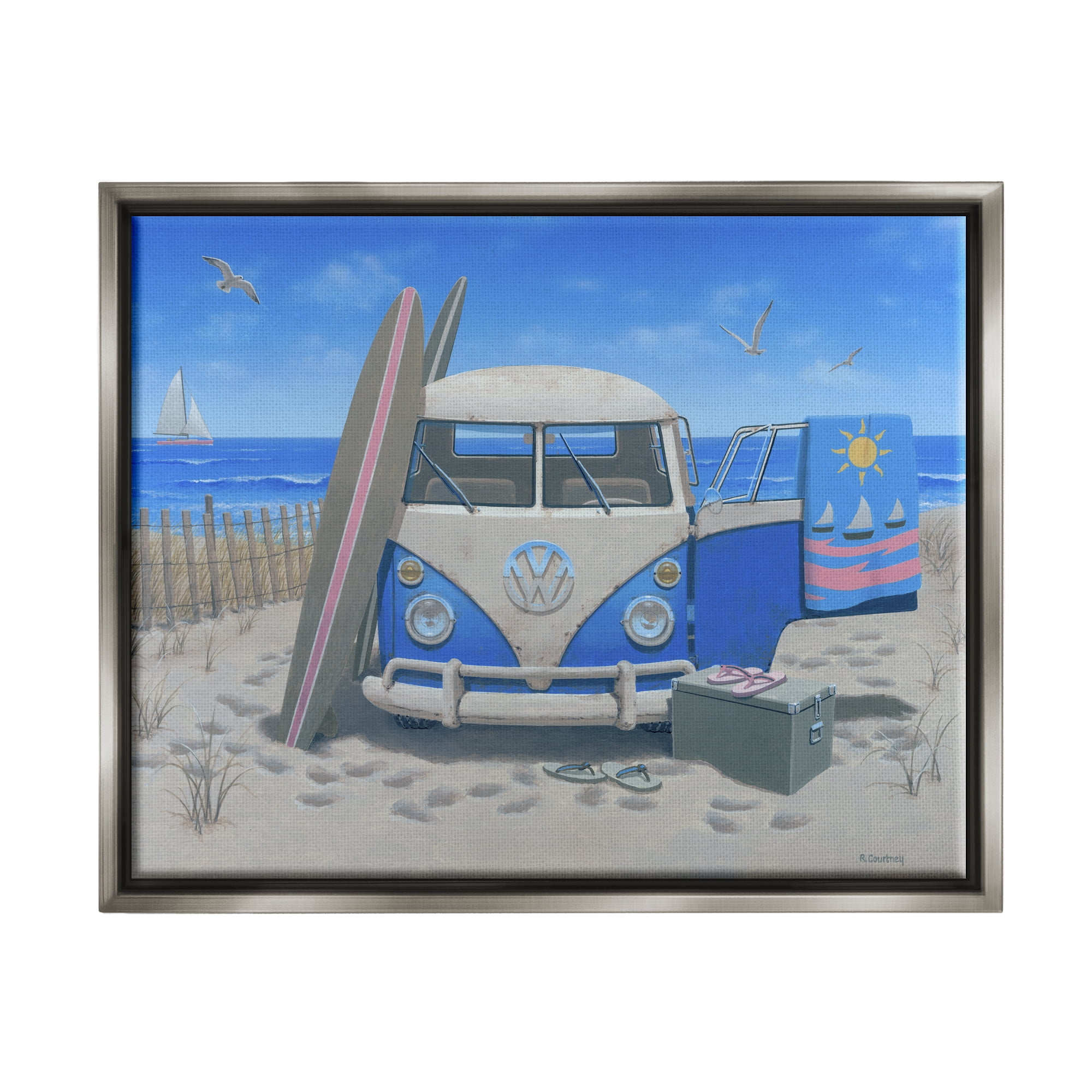 Stupell Industries Tropical Summer Beach Van Coastal Painting Gray Floater Framed Art Print Wall Art