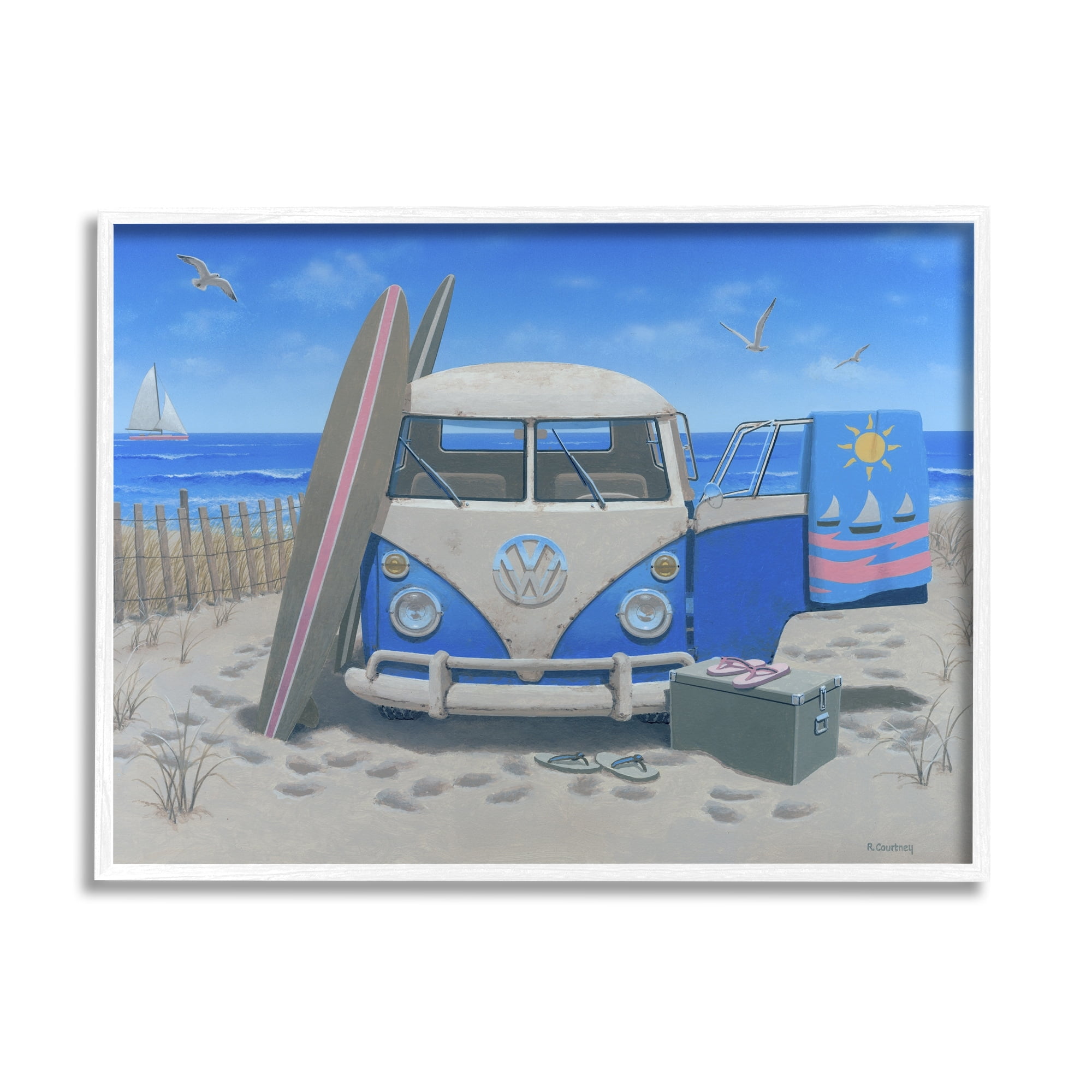 Stupell Industries Tropical Summer Beach Van Coastal Painting White Framed Art Print Wall Art
