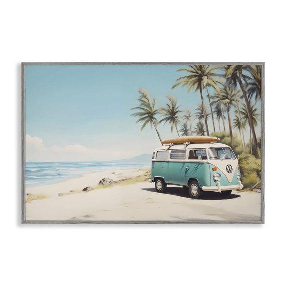 Stupell Industries Tropical Summer Bus on Shoreline Gray Framed Giclee Art, 18 x 12, by Arlington Prints