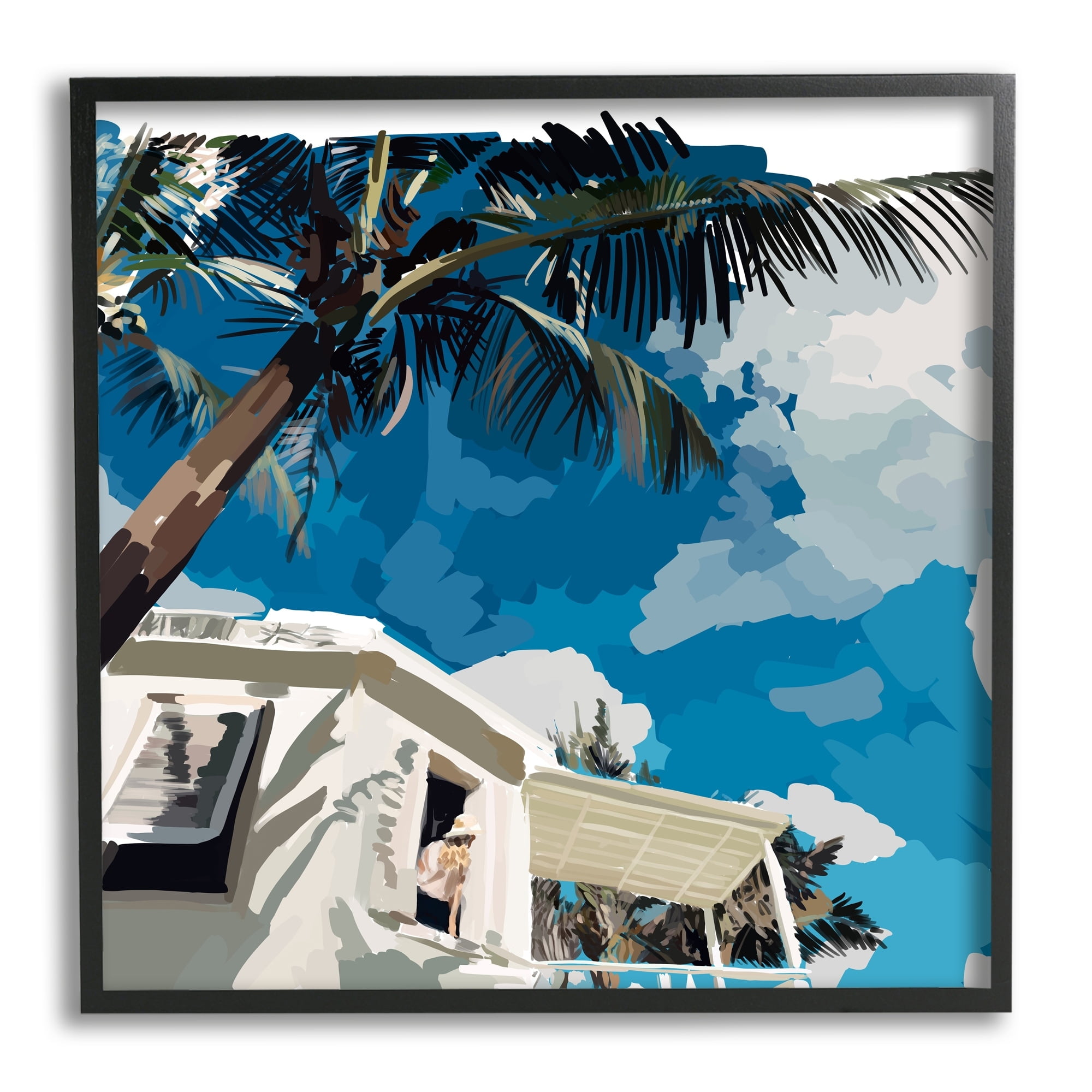 Stupell Industries Tropical Summer Cottage Girl Clear Blue Sky Graphic Art Black Framed Art Print Wall Art, Design by Amelia Noyes