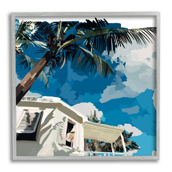 Stupell Industries Tropical Summer Cottage Girl Clear Blue Sky Graphic Art Gray Framed Art Print Wall Art, Design by Amelia Noyes
