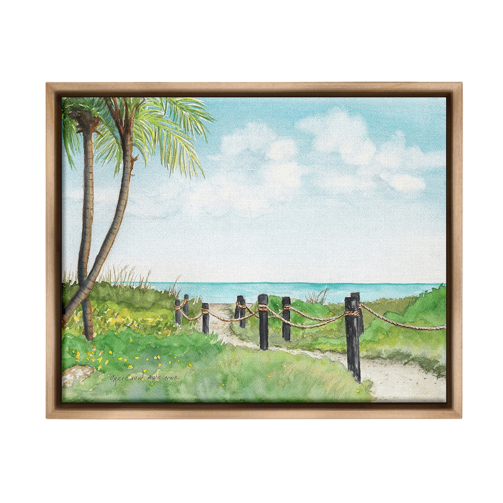Stupell Industries Tropical Summer Path Landscape Painting Brown Floater Framed Canvas Art Print Wall Art, 31 x 25
