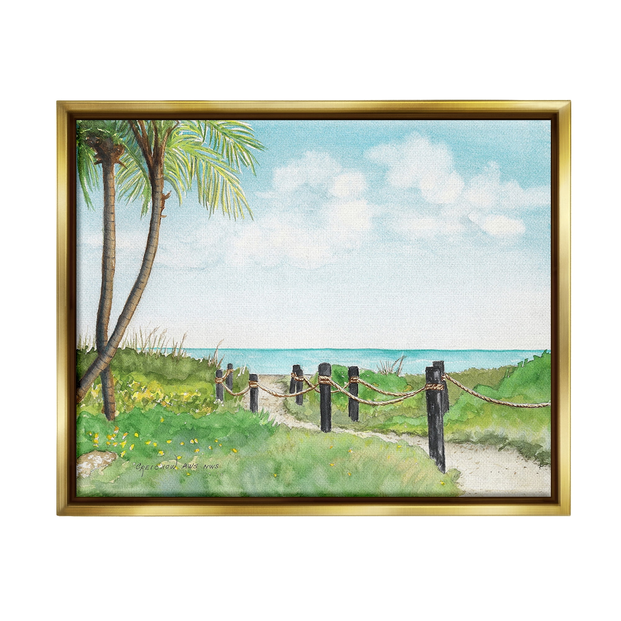 Stupell Industries Tropical Summer Path Landscape Painting Gold Floater Framed Canvas Art Print Wall Art, 31 x 25