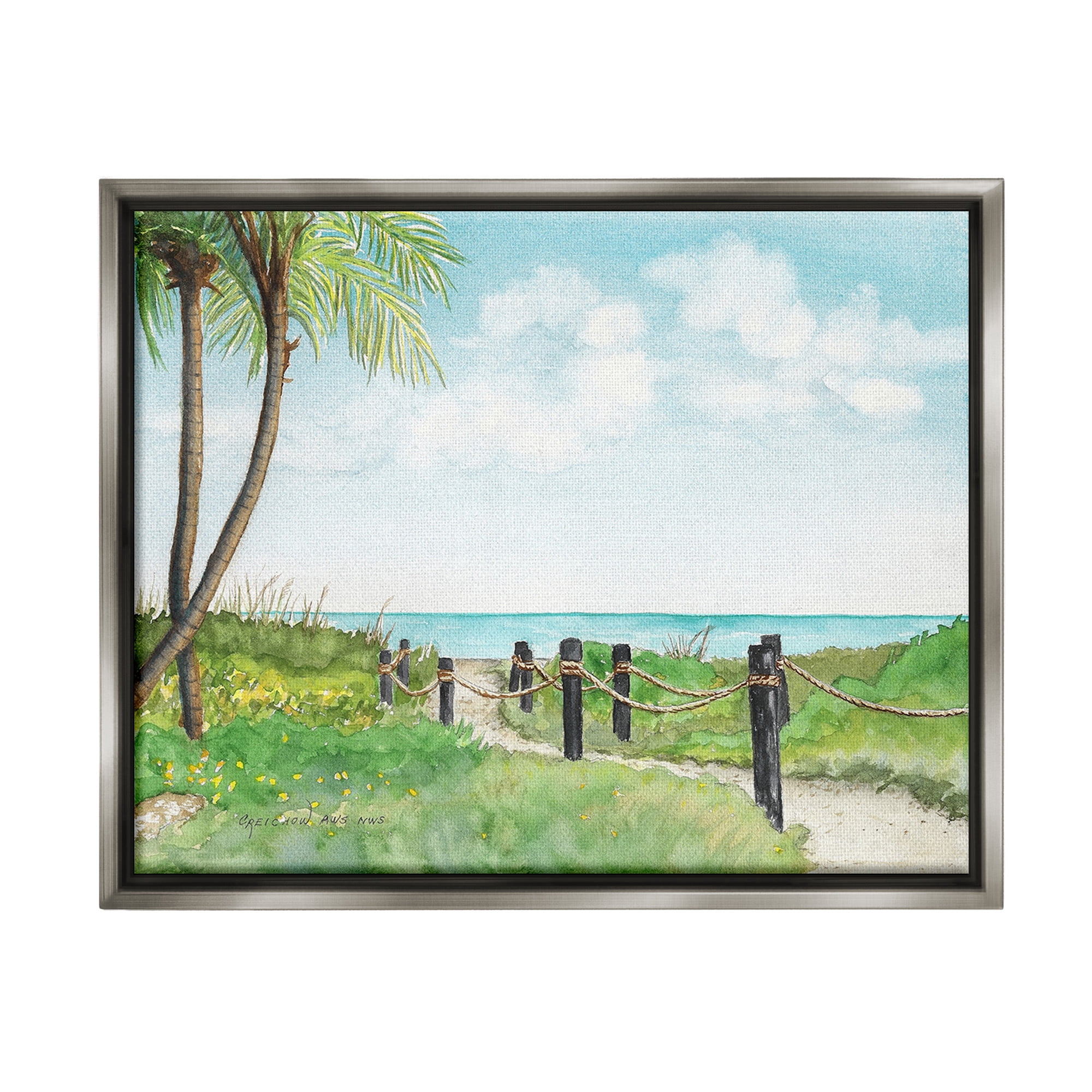Stupell Industries Tropical Summer Path Landscape Painting Gray Floater Framed Canvas Art Print Wall Art, 31 x 25