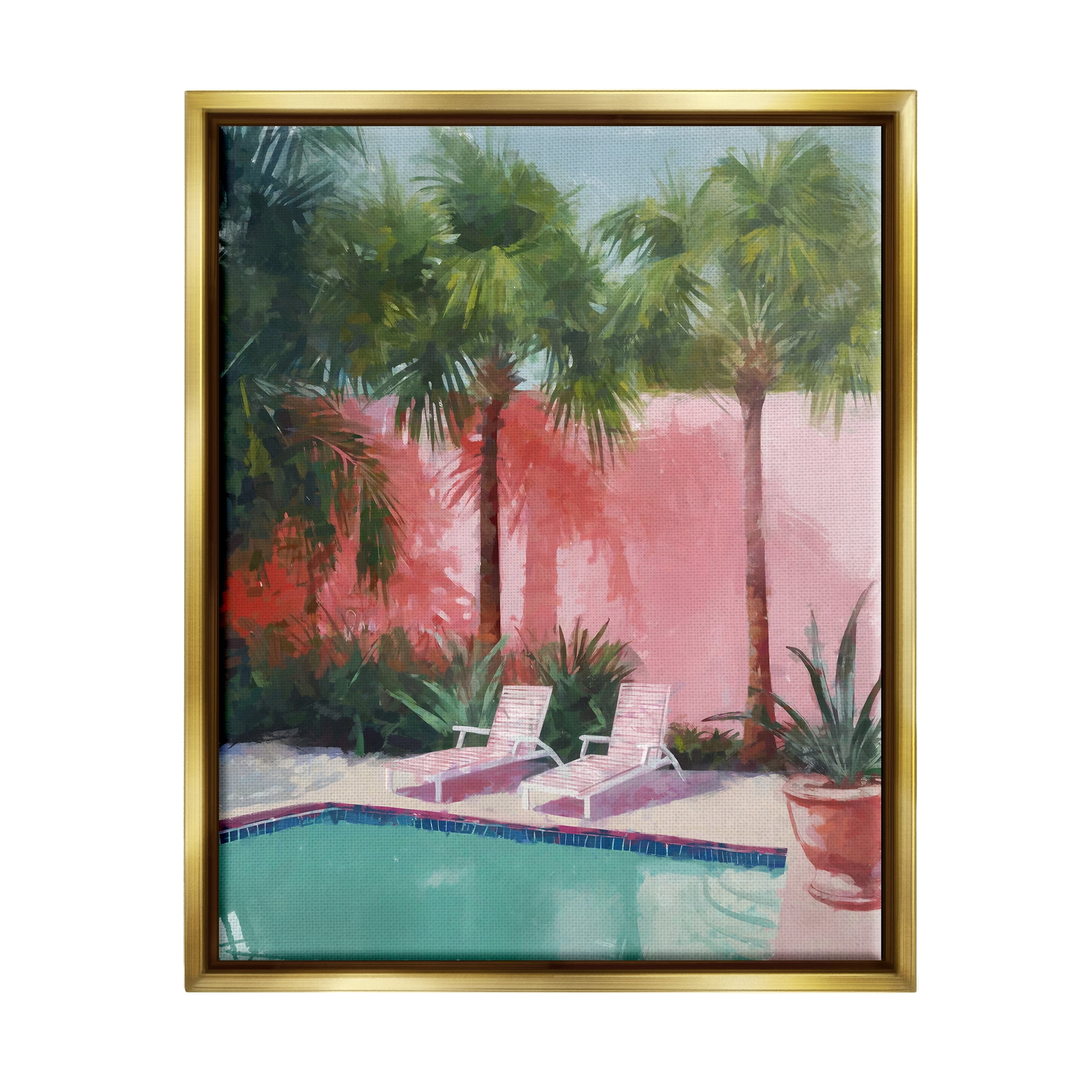 Stupell Industries Tropical Summer Pool Botanical & Floral Painting Gold Floater Framed Canvas Art Print Wall Art, 17 x 21