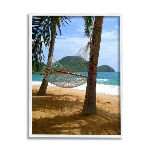 Stupell Industries Tropical Summer Vacation Hammock Between Palm Trees Photograph White Framed Art Print Wall Art, Design by Noah Bay