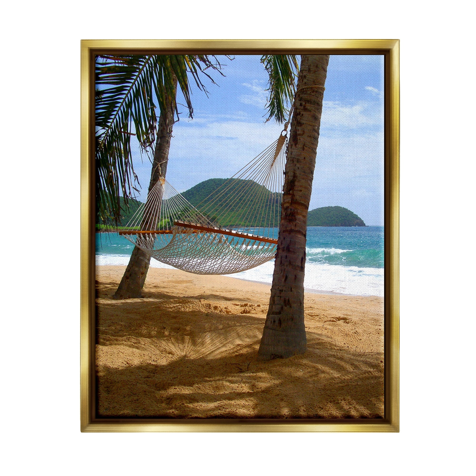 Stupell Industries Tropical Summer Vacation Hammock Between Palm Trees Photograph Metallic Gold Floating Framed Canvas Print Wall Art, Design by Noah Bay